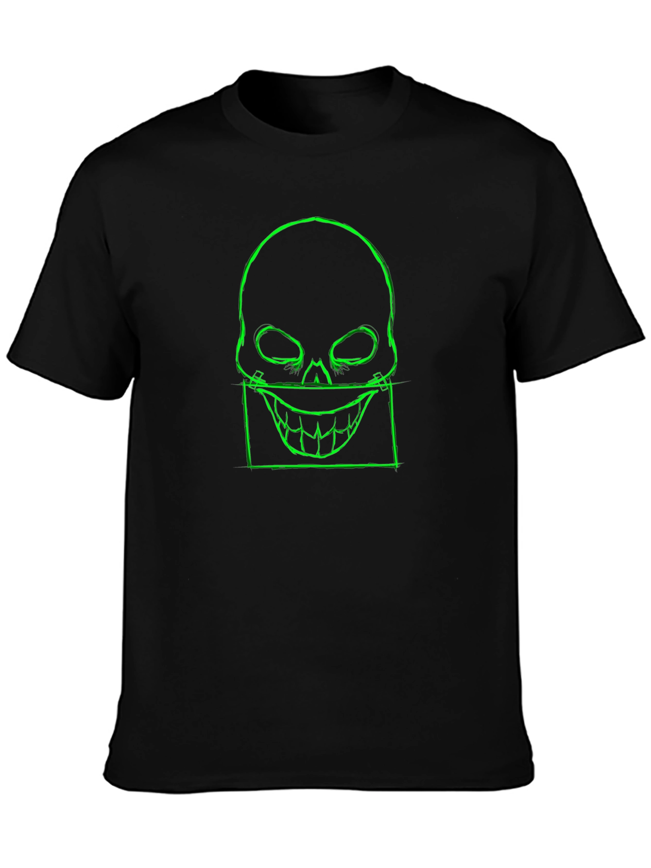 Mens Black T-Shirt with Neon Green Skull Graphic