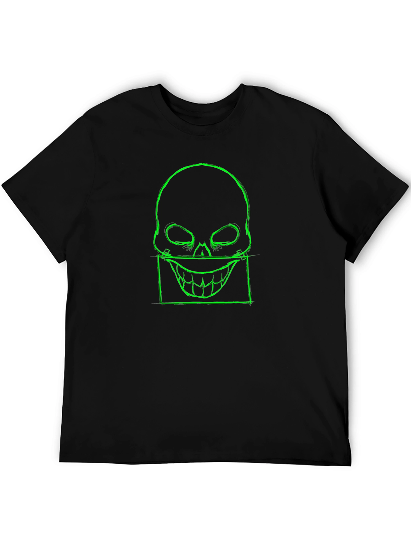 Mens Black T-Shirt with Neon Green Skull Graphic