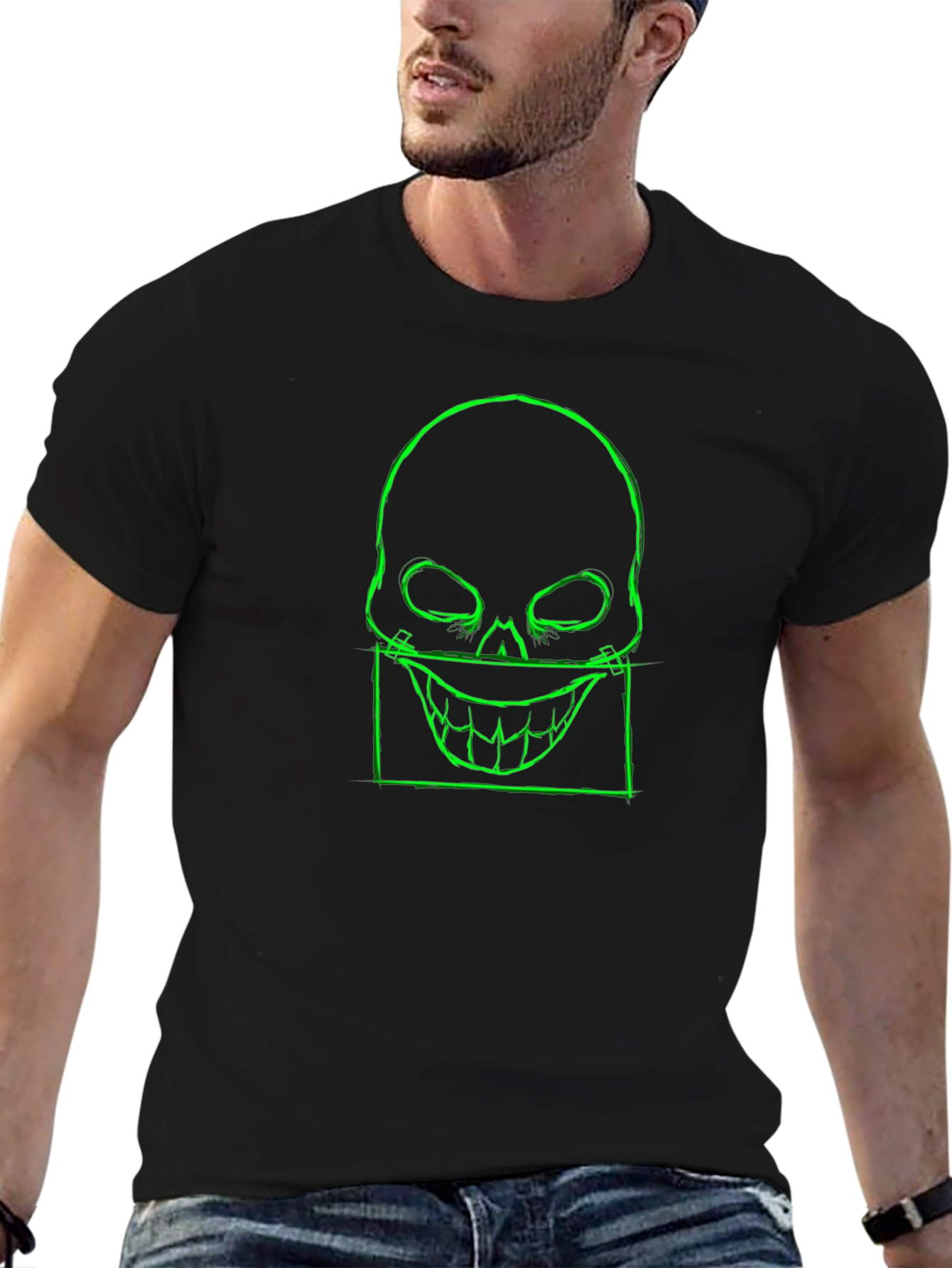 Mens Black T-Shirt with Neon Green Skull Graphic