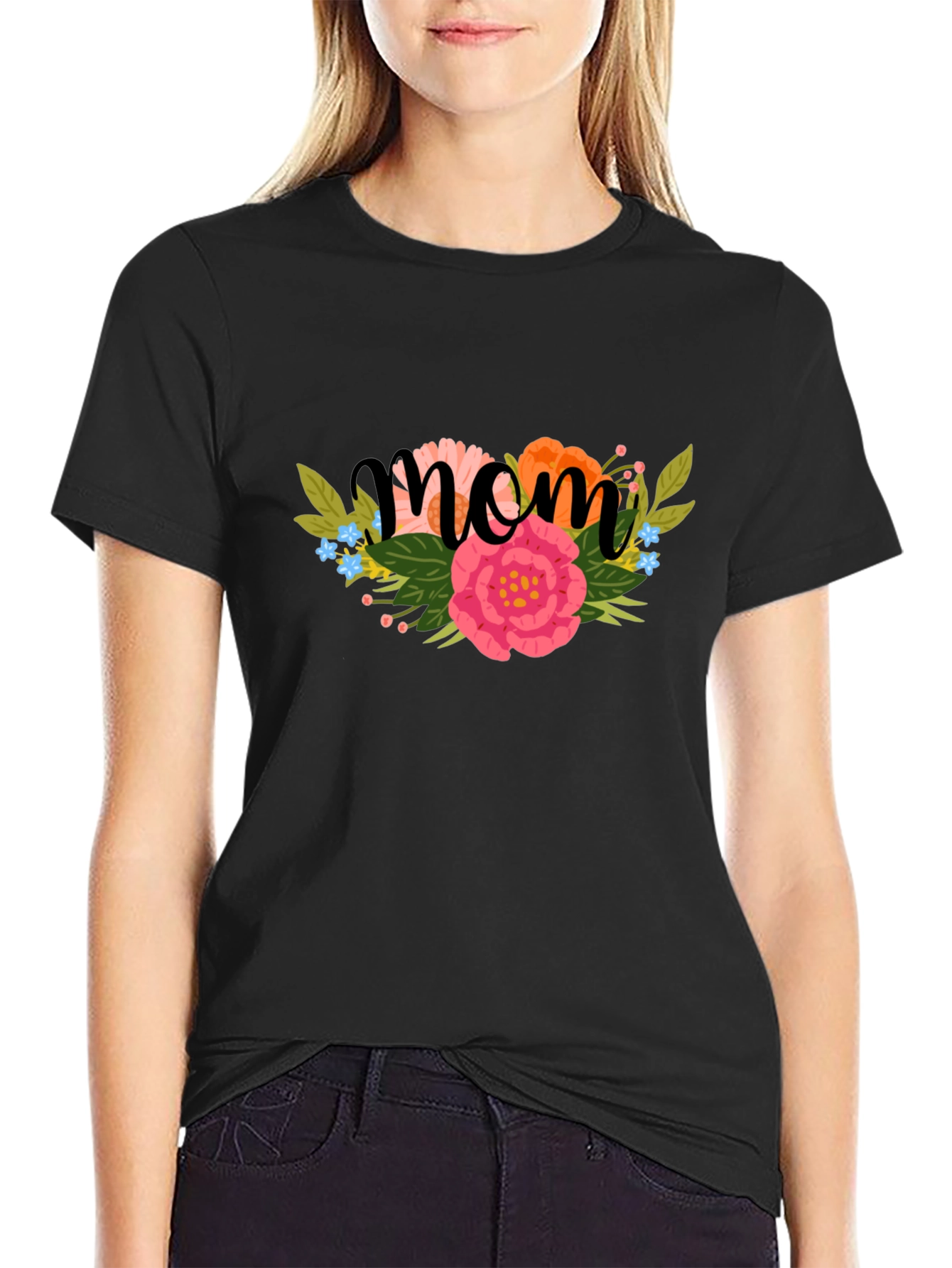 Floral Mom Graphic Black T-Shirt