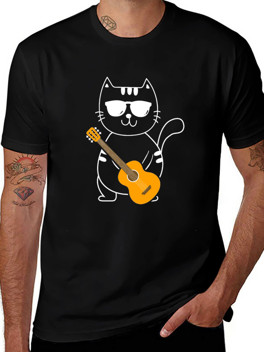 Cool Cat Guitarist T-Shirt - Black Cotton Tee