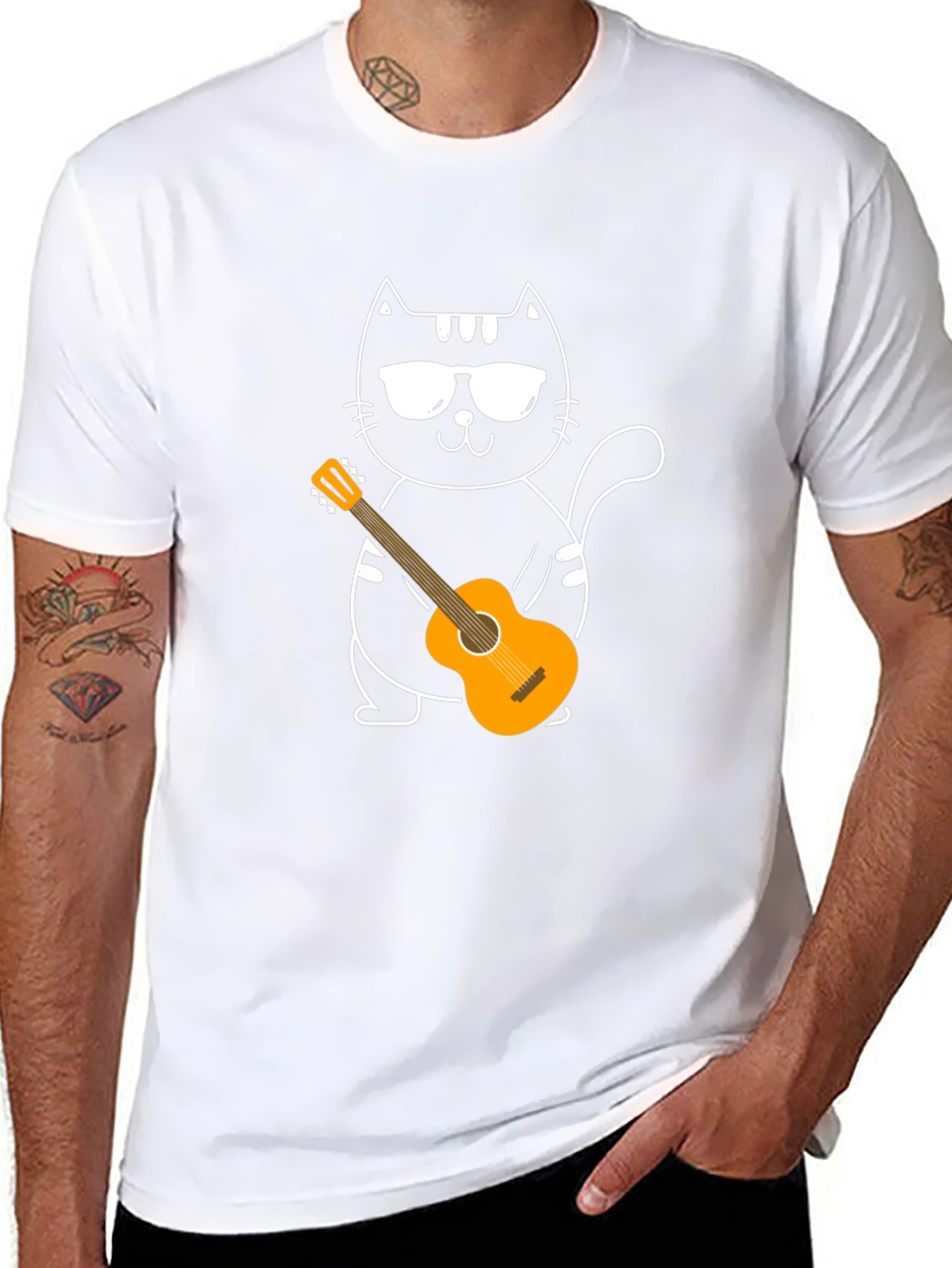 Cool Cat Guitarist T-Shirt - Black Cotton Tee
