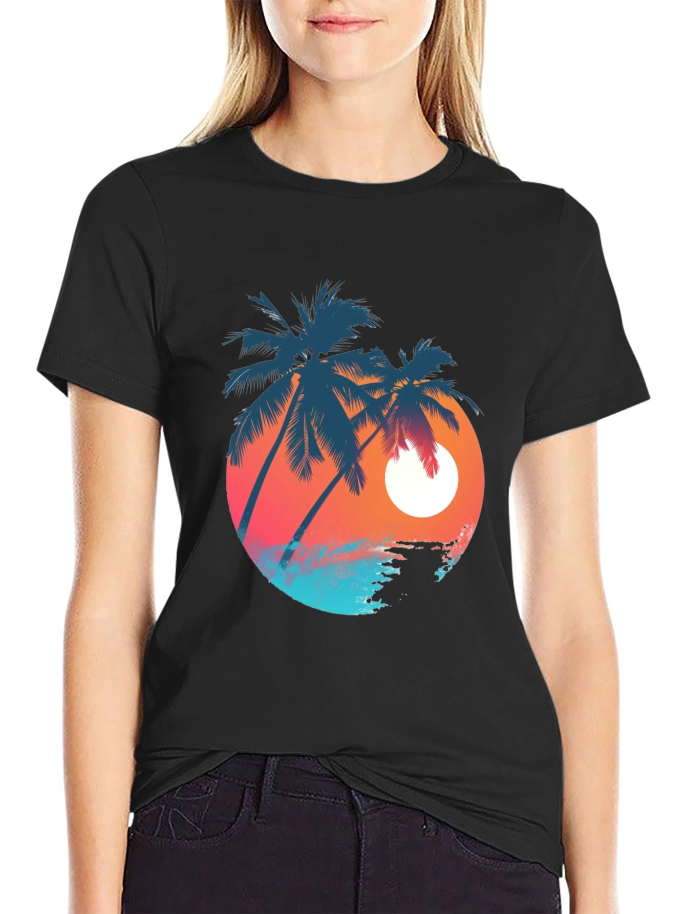 Sunset Palm Tree Graphic Tee - Black