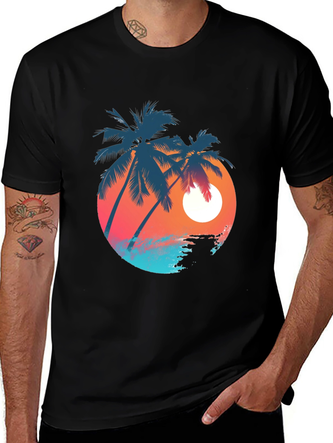 Sunset Palm Tree Graphic Tee - Black