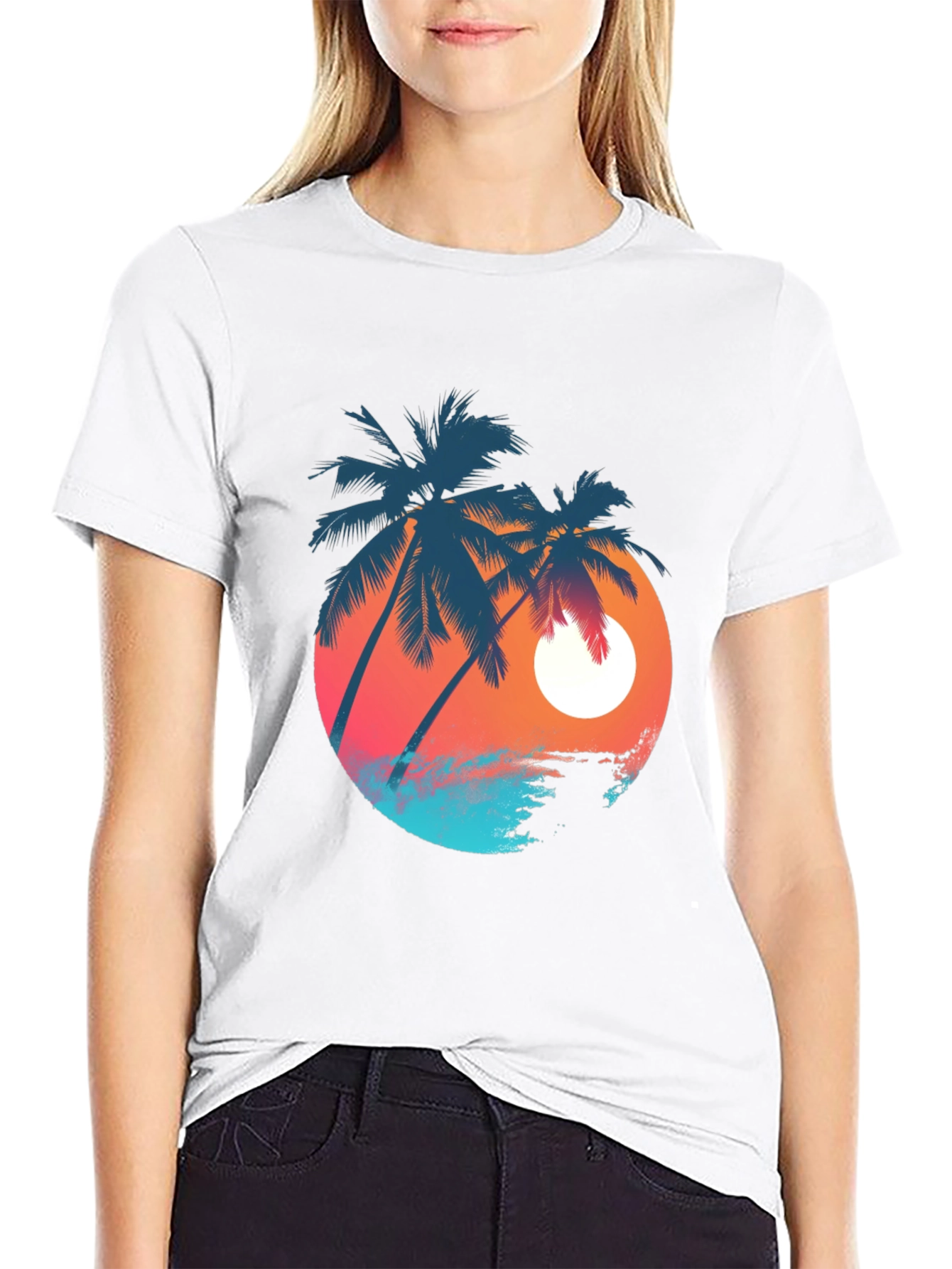 Sunset Palm Tree Graphic Tee - Black