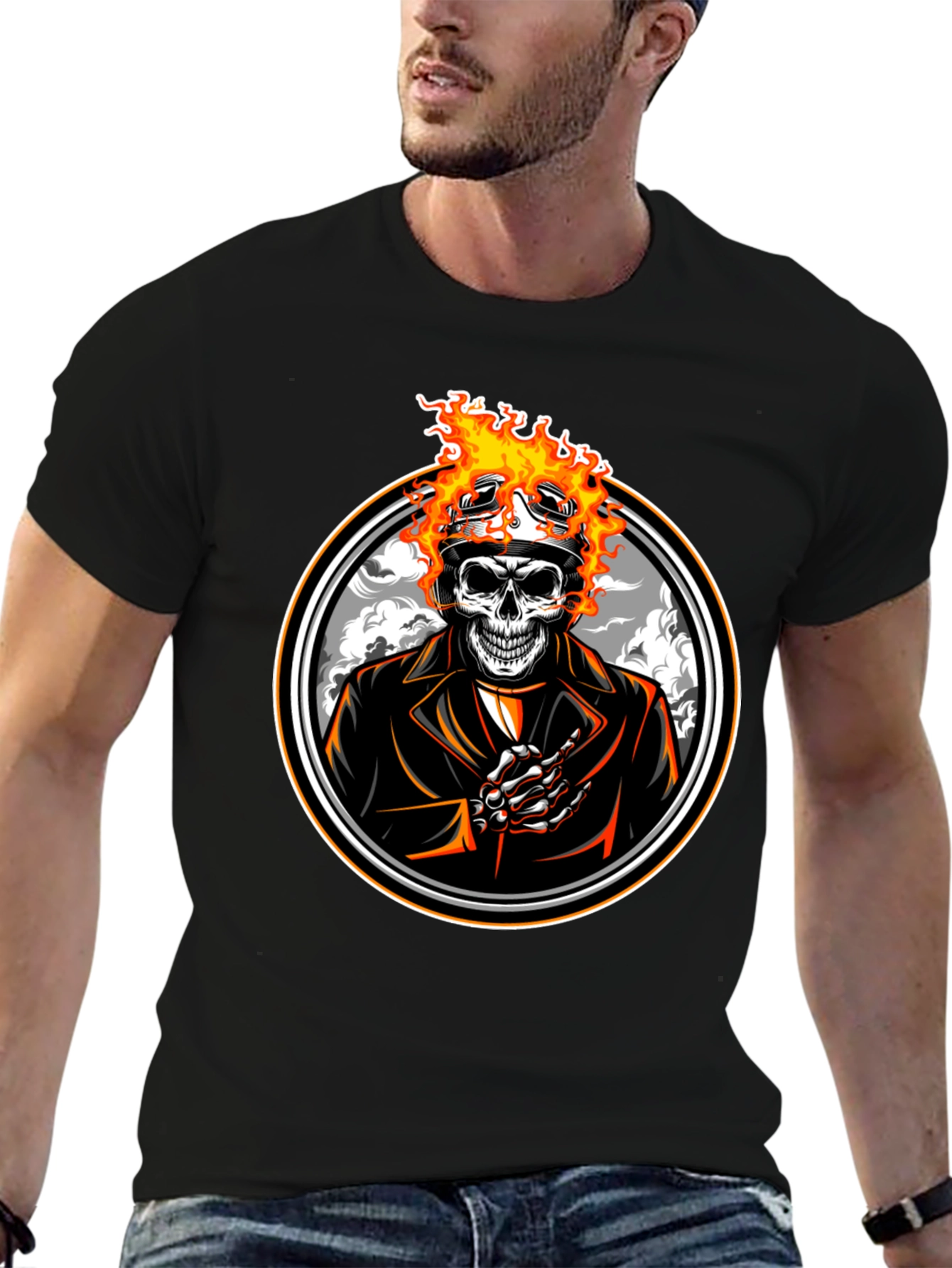 Flaming Skull Rider T-Shirt - Black