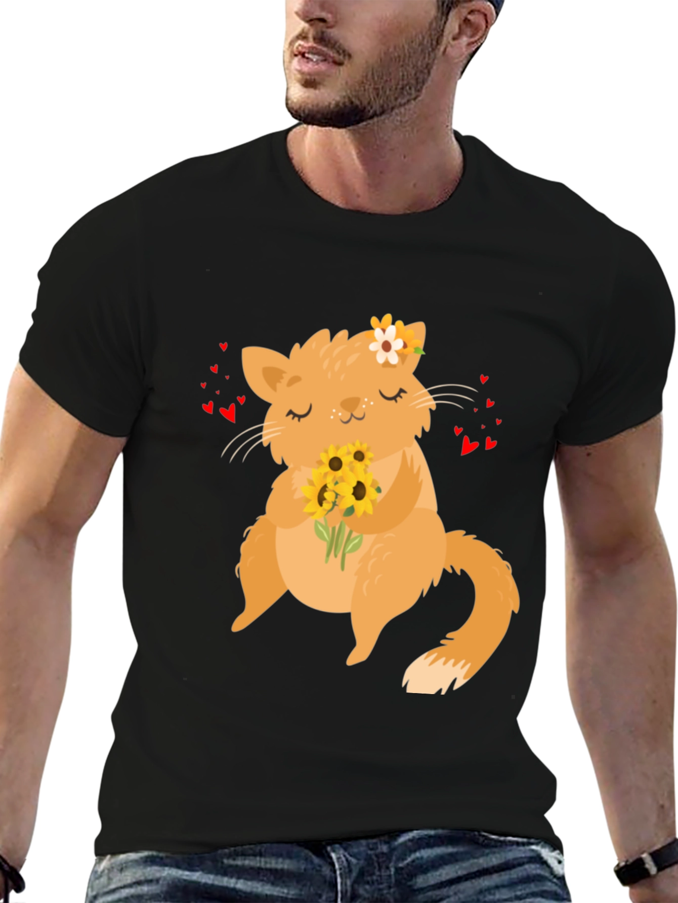Cute Cat Sunflower Graphic T-Shirt