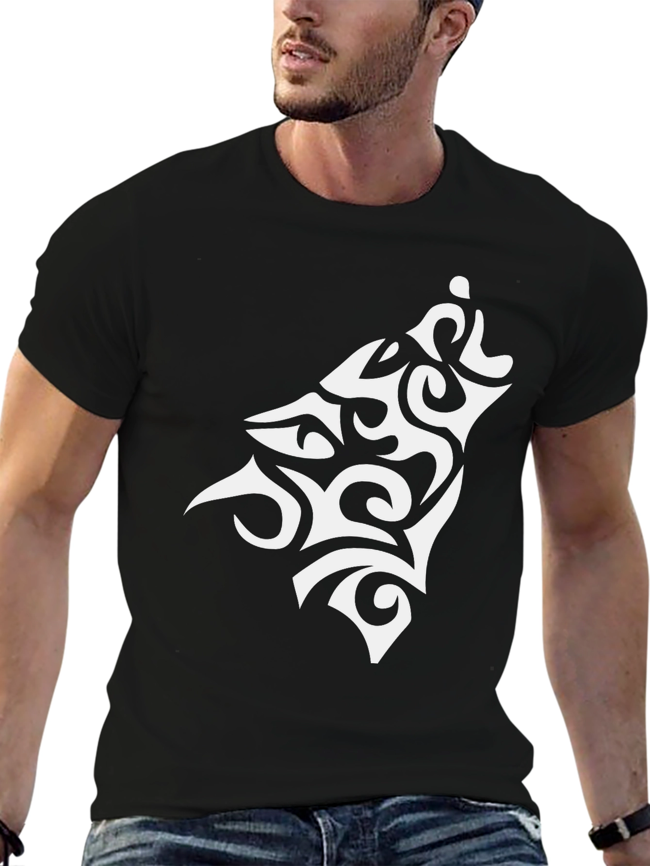 Black Tribal Wolf Graphic Tee - Mens Fashion