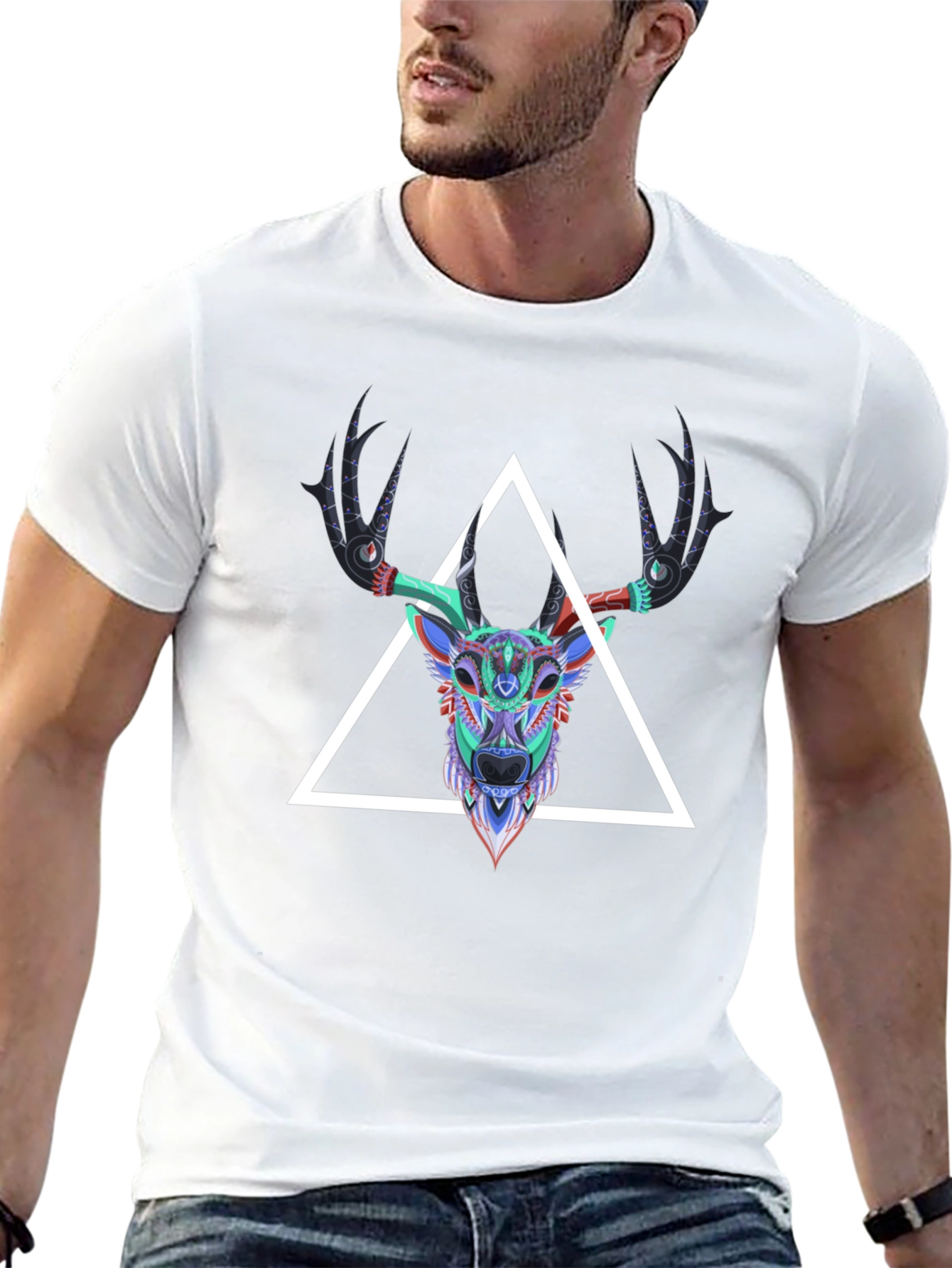 Geometric Deer Head Graphic Tee - Mens Black T-Shirt