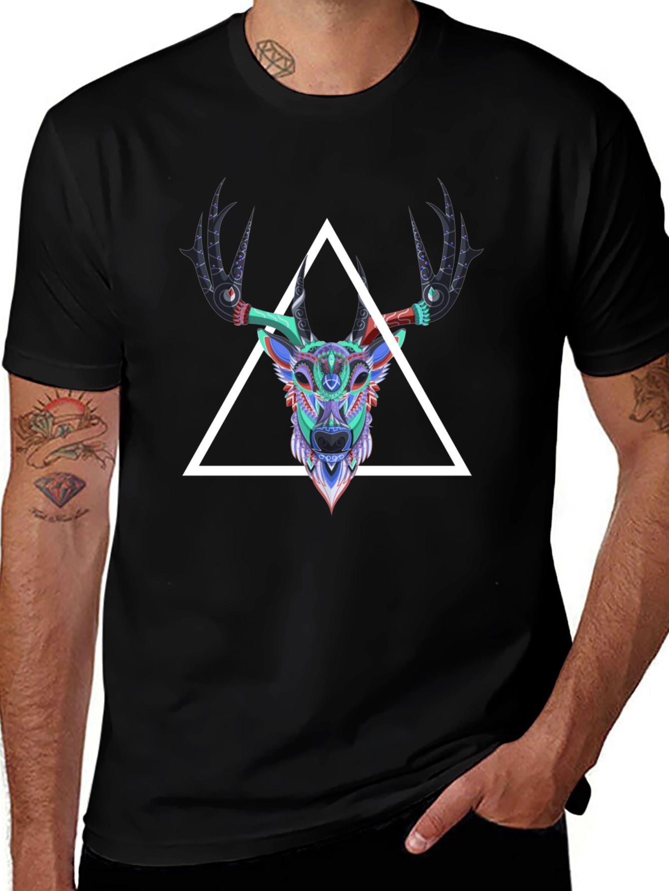 Geometric Deer Head Graphic Tee - Mens Black T-Shirt