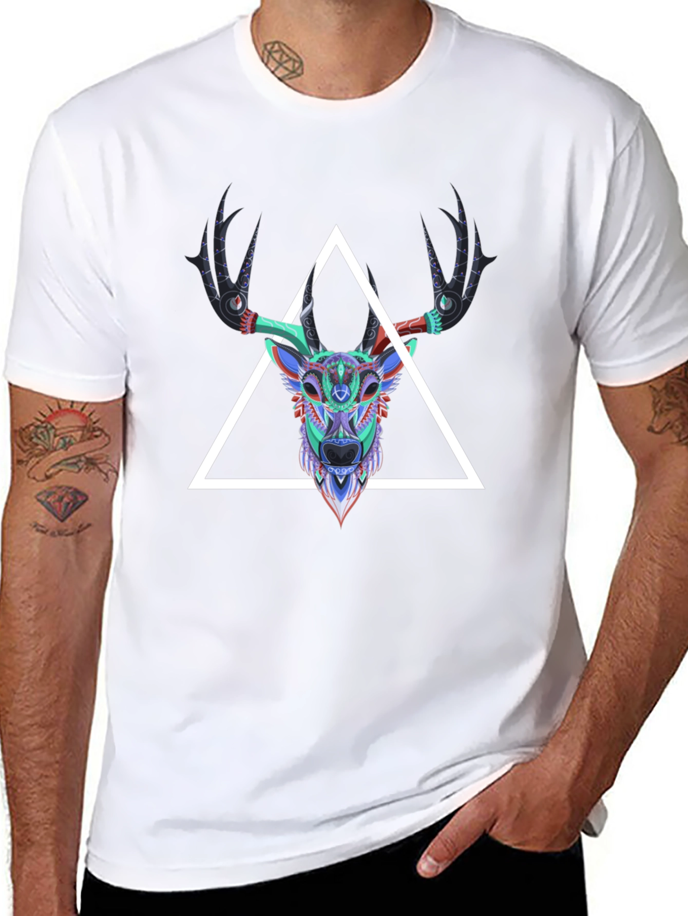 Geometric Deer Head Graphic Tee - Mens Black T-Shirt