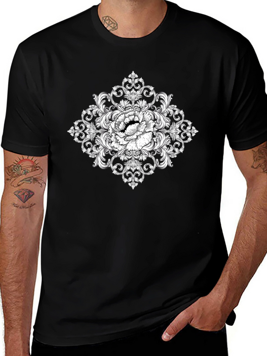 Elegant Floral Ornament Black T-Shirt