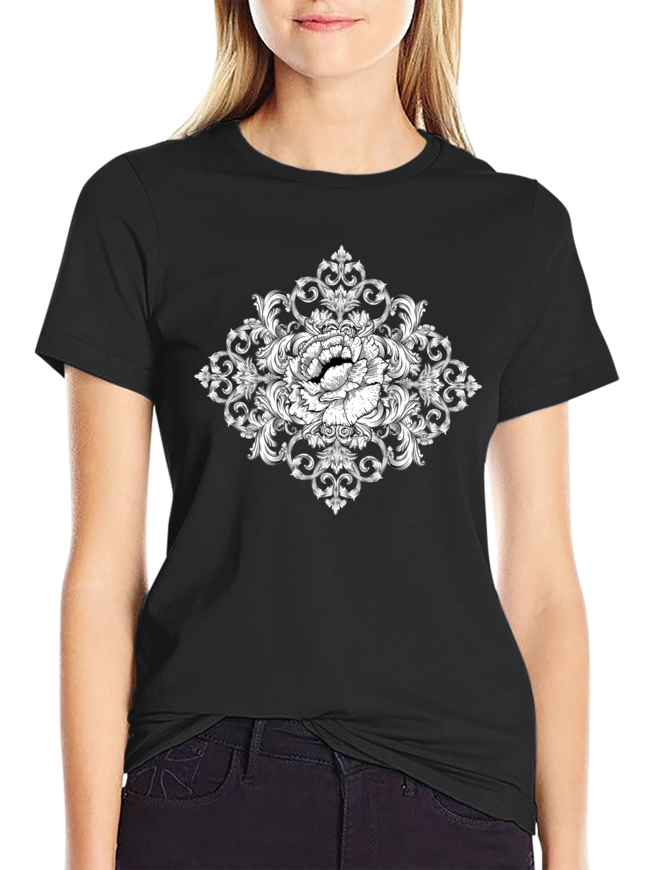Elegant Floral Ornament Black T-Shirt