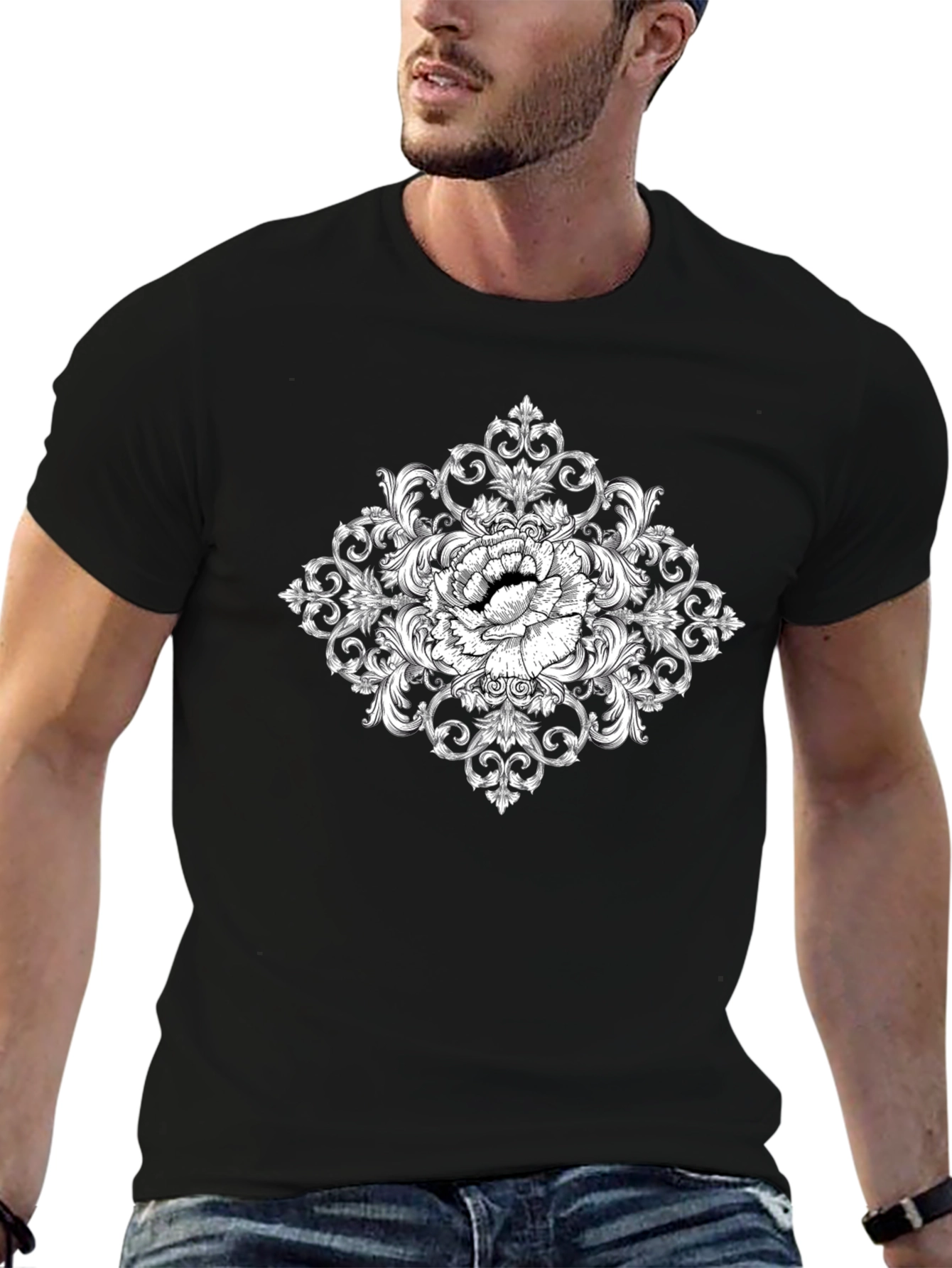 Elegant Floral Ornament Black T-Shirt