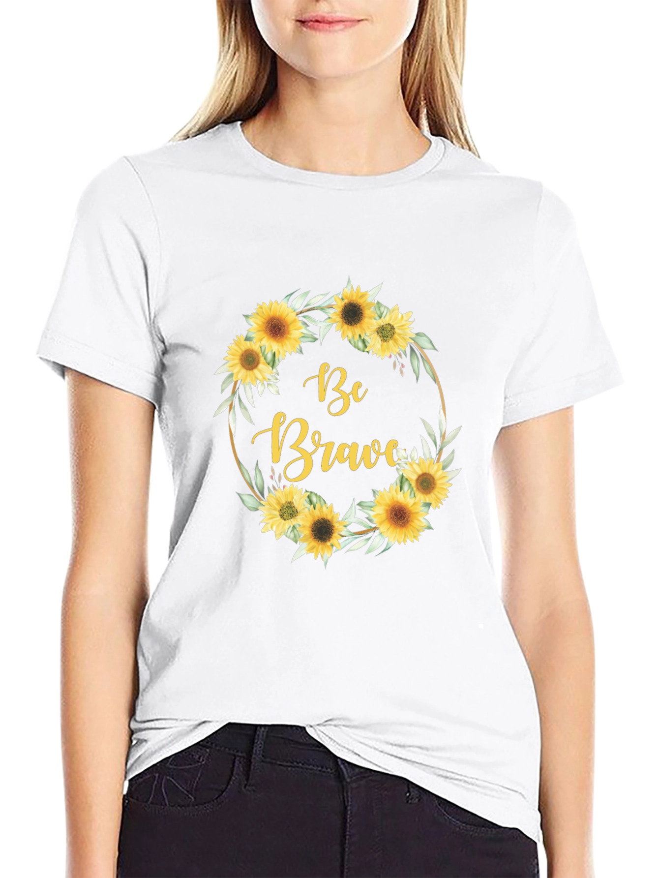 Be Brave Sunflower Wreath Graphic Tee - Black