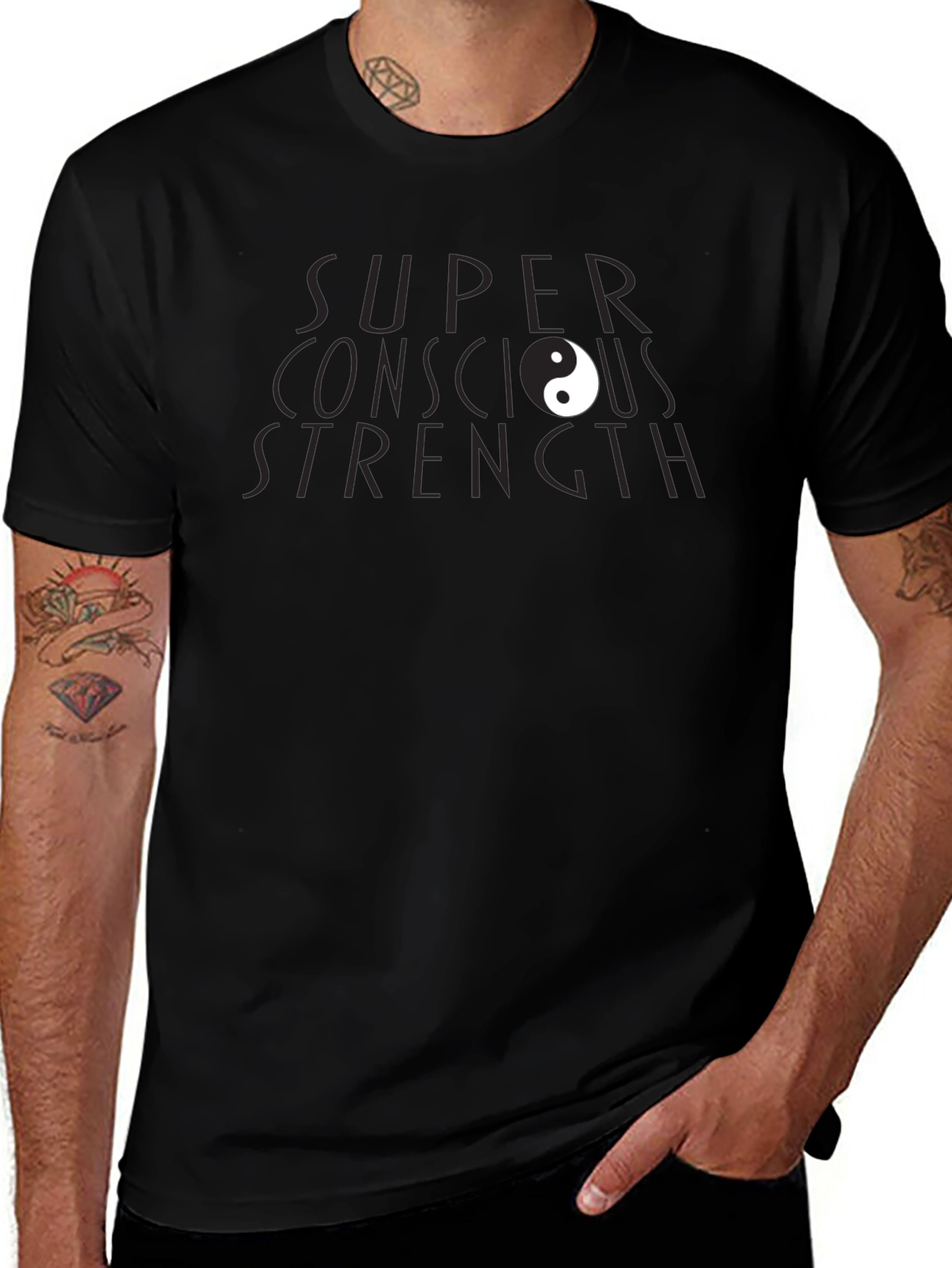 Super Conscious Strength Black T-Shirt Yin Yang Design