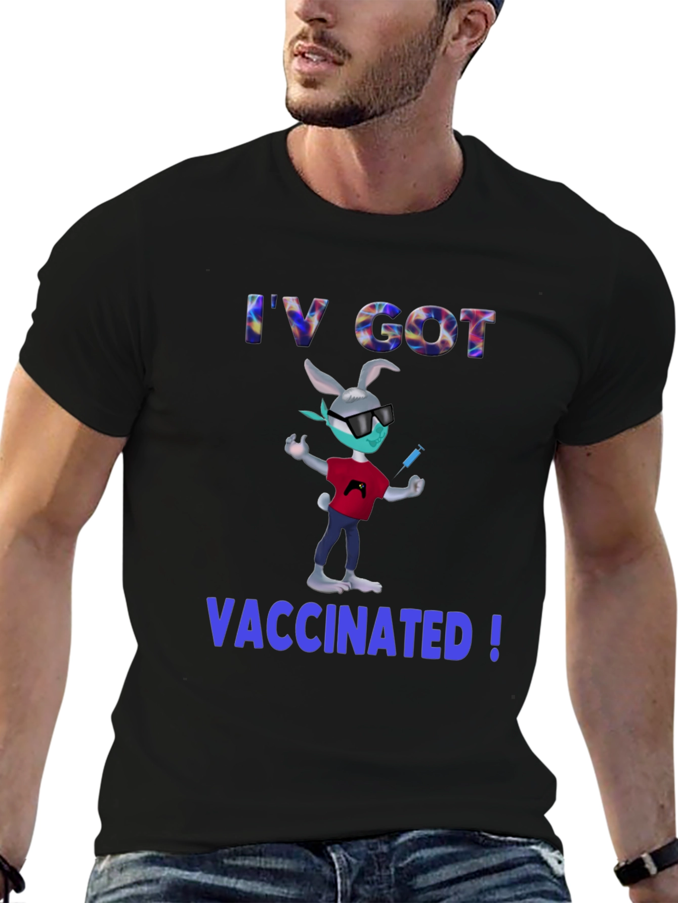 Vaccinated Bunny T-Shirt - Black Cotton Blend
