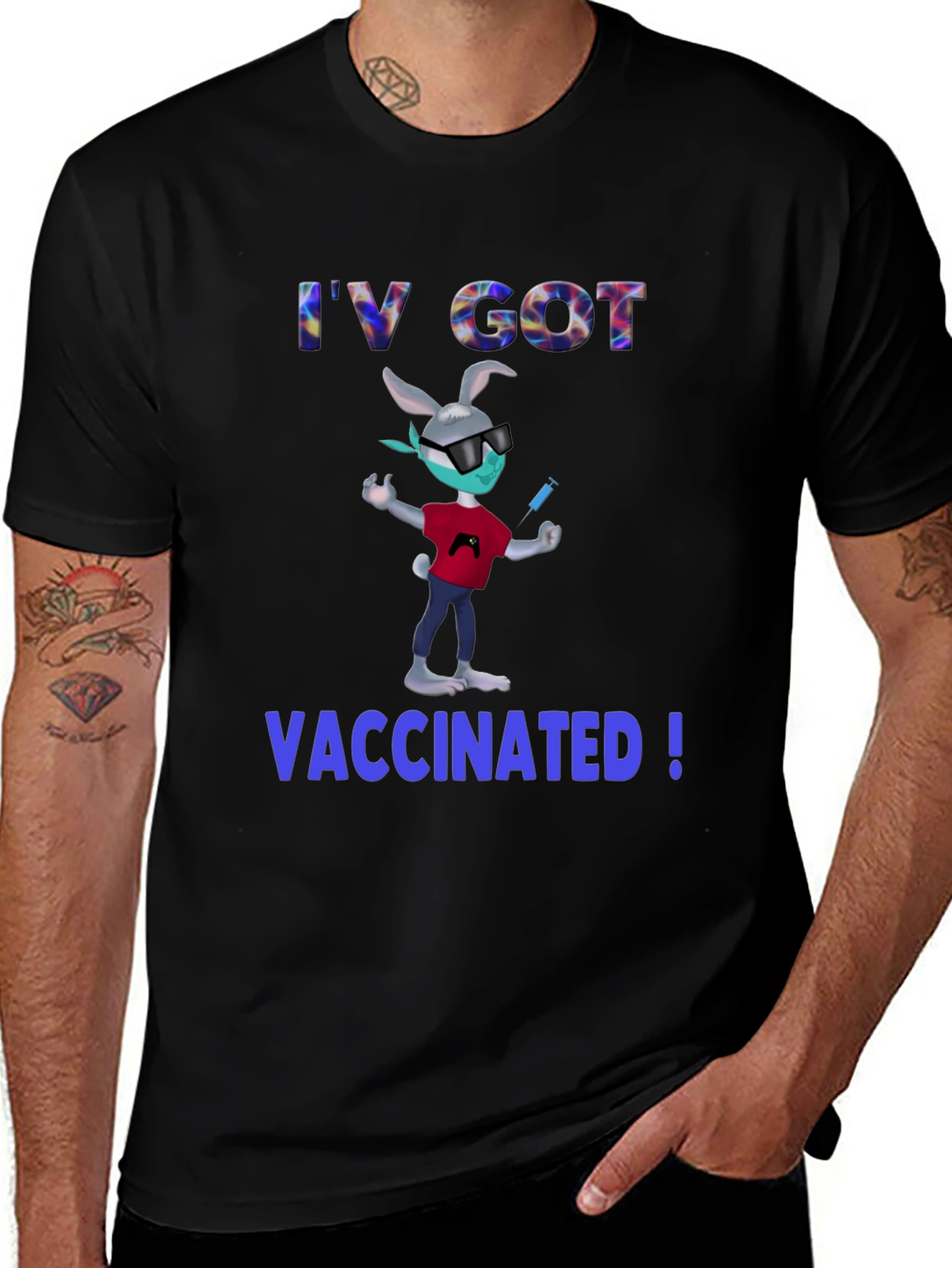 Vaccinated Bunny T-Shirt - Black Cotton Blend