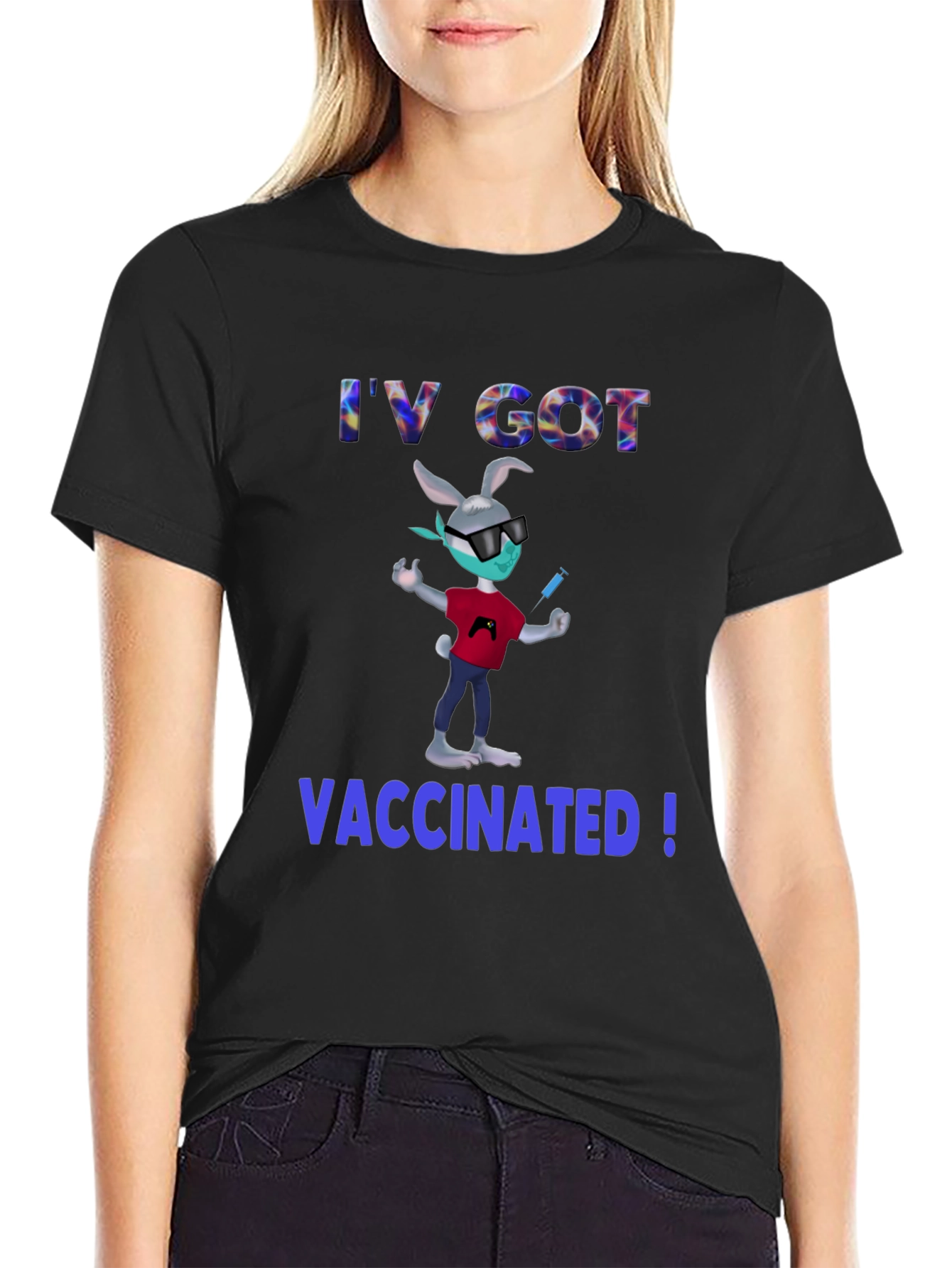 Vaccinated Bunny T-Shirt - Black Cotton Blend