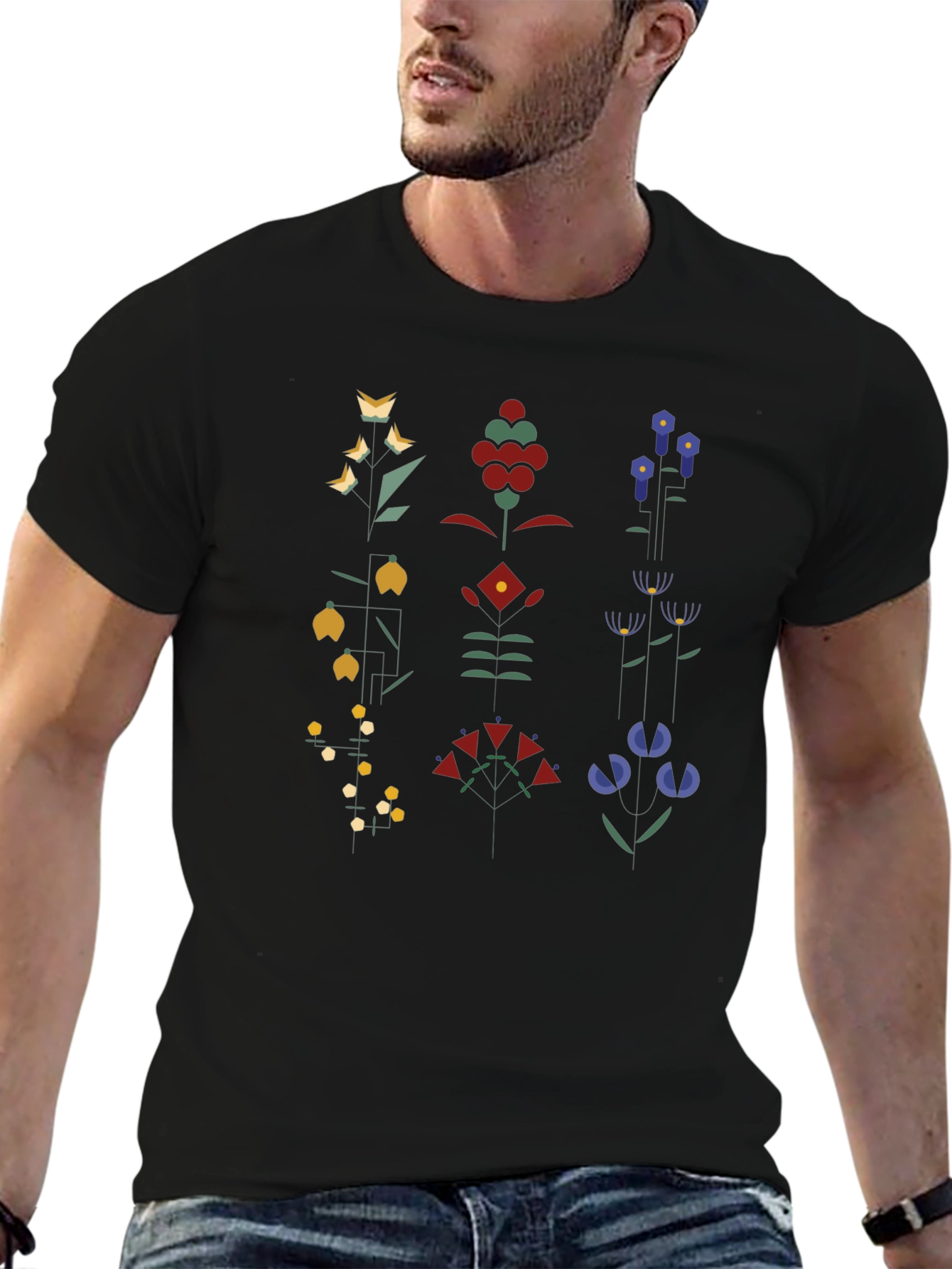Geometric Floral Print Black T-Shirt