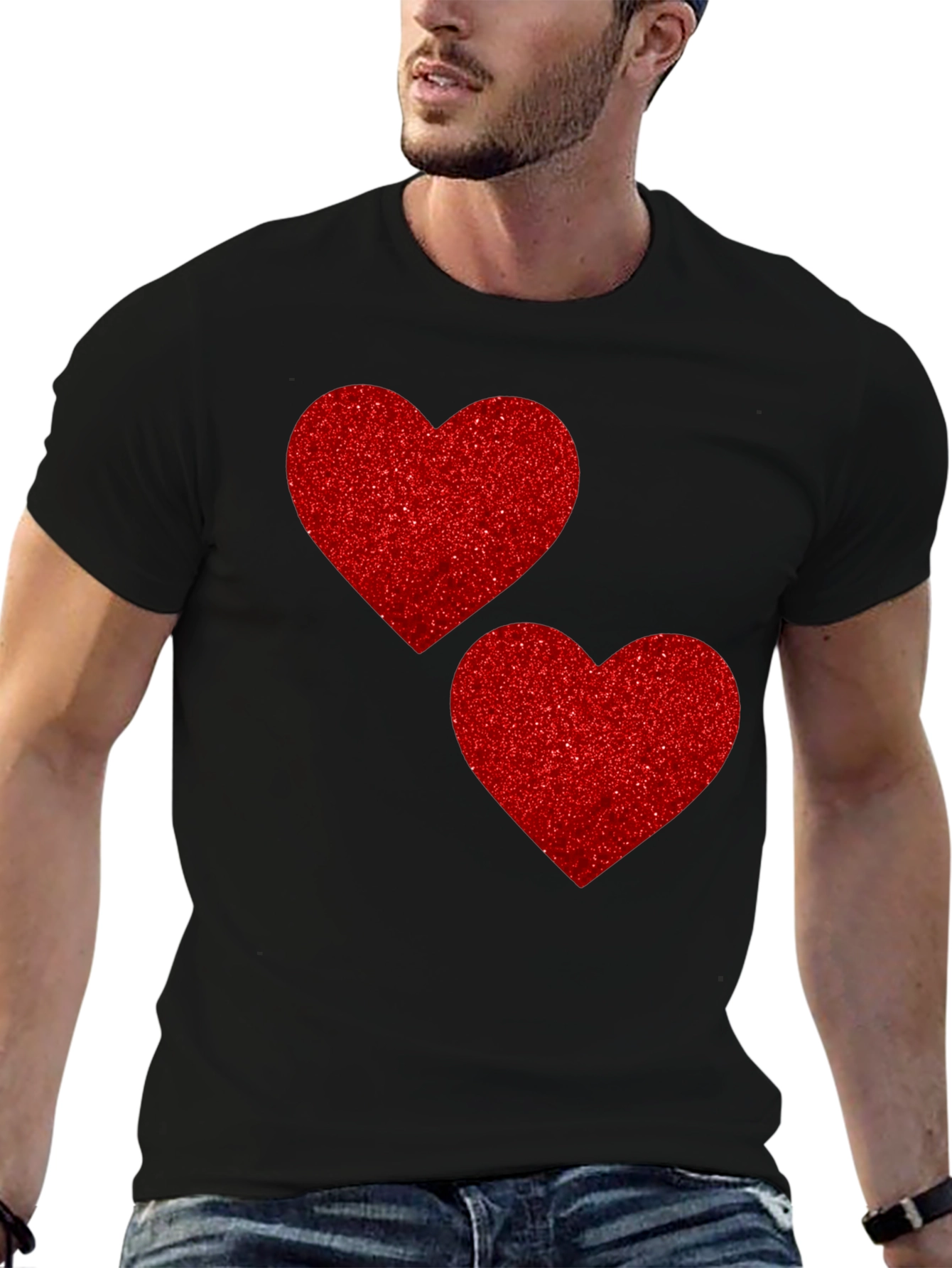 Heart Graphic Tee - Red Glitter Hearts on Black