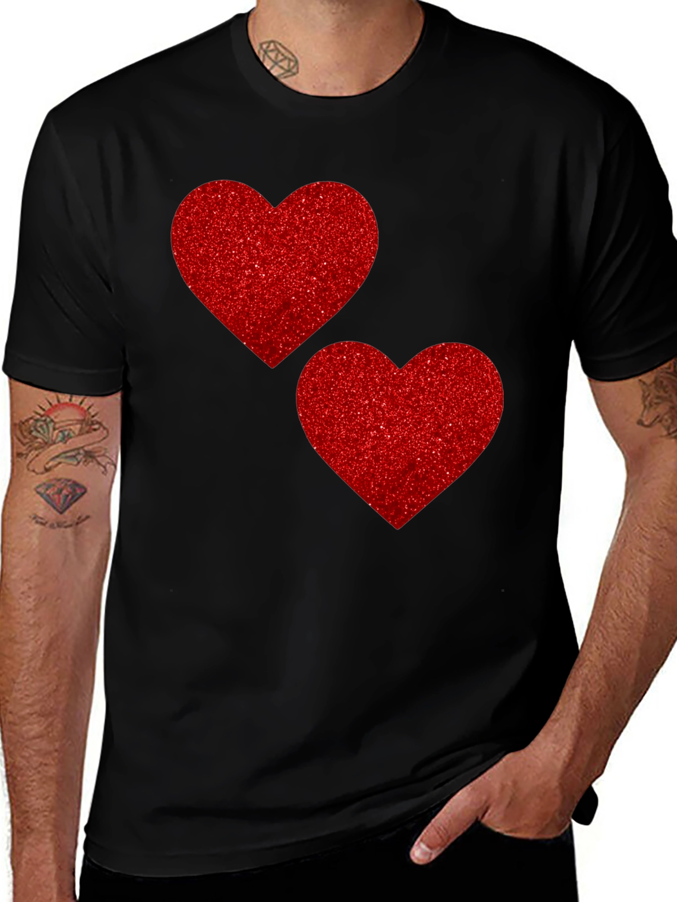 Heart Graphic Tee - Red Glitter Hearts on Black