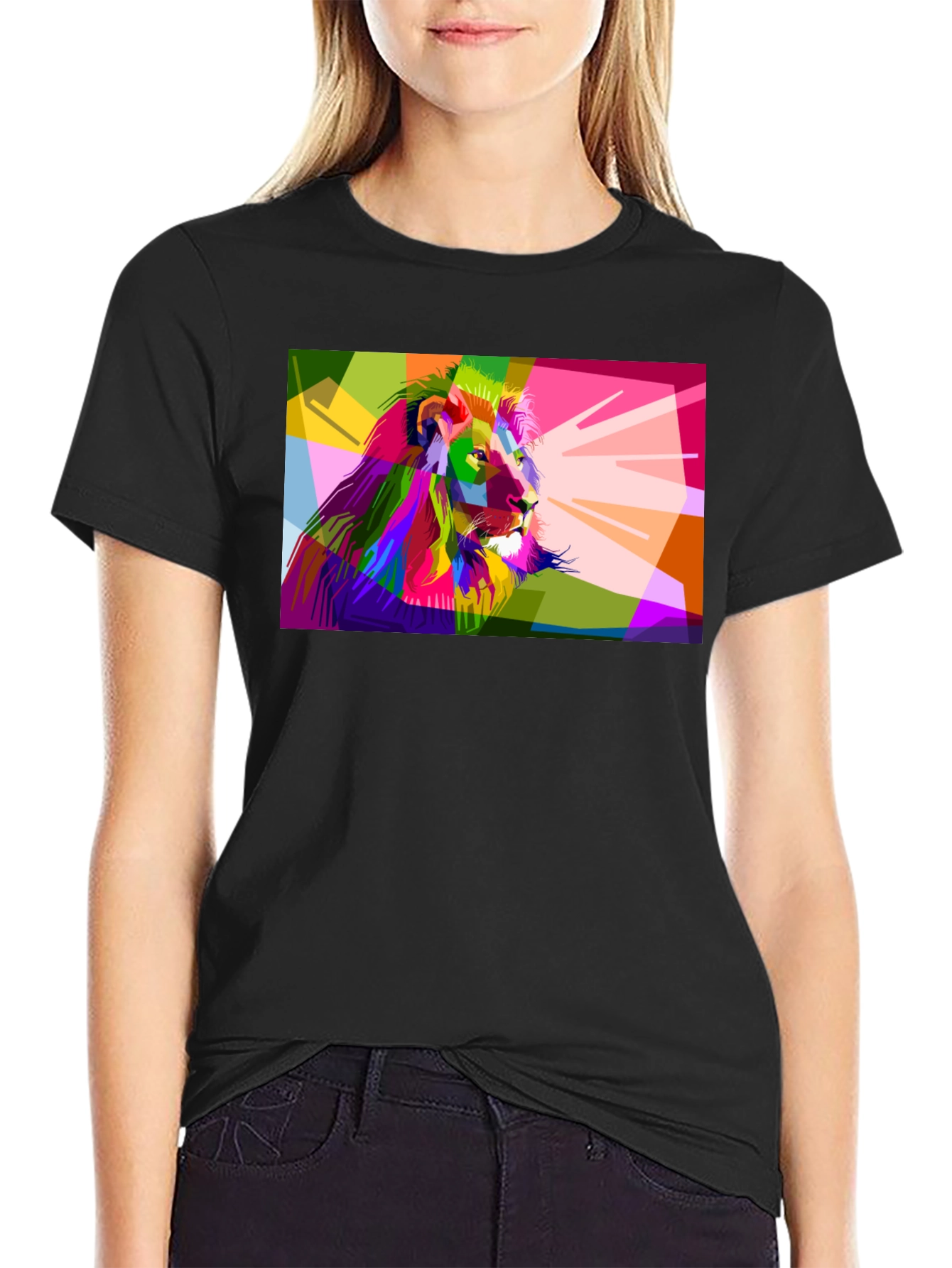 Geometric Lion Graphic Print Mens Black T-Shirt