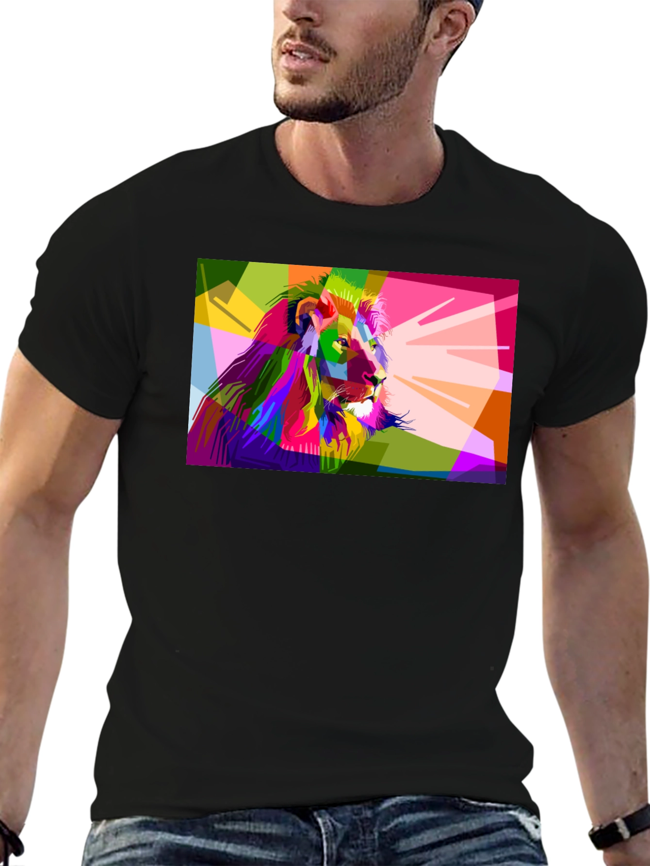 Geometric Lion Graphic Print Mens Black T-Shirt