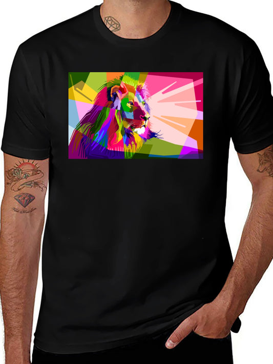 Geometric Lion Graphic Print Mens Black T-Shirt
