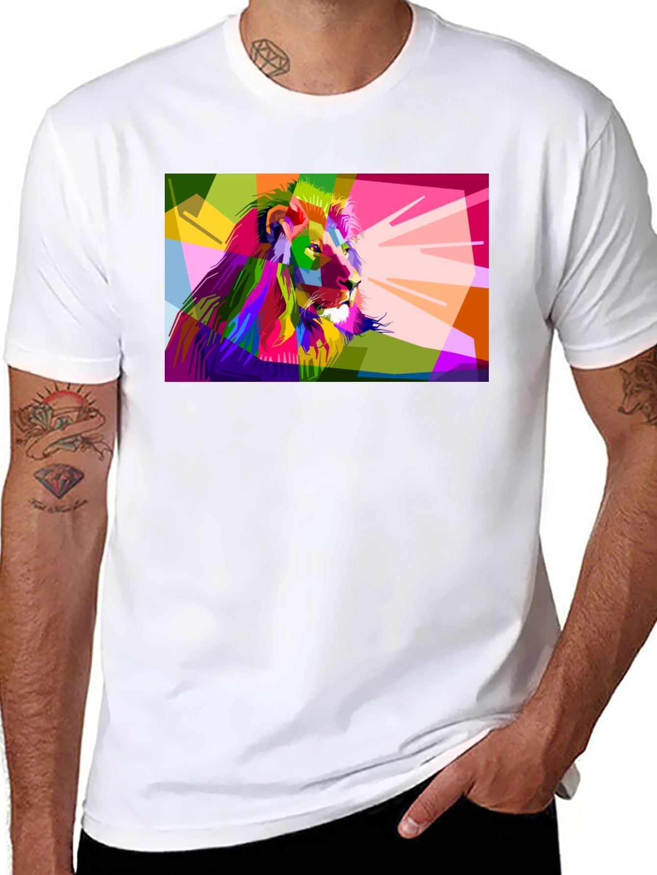 Geometric Lion Graphic Print Mens Black T-Shirt