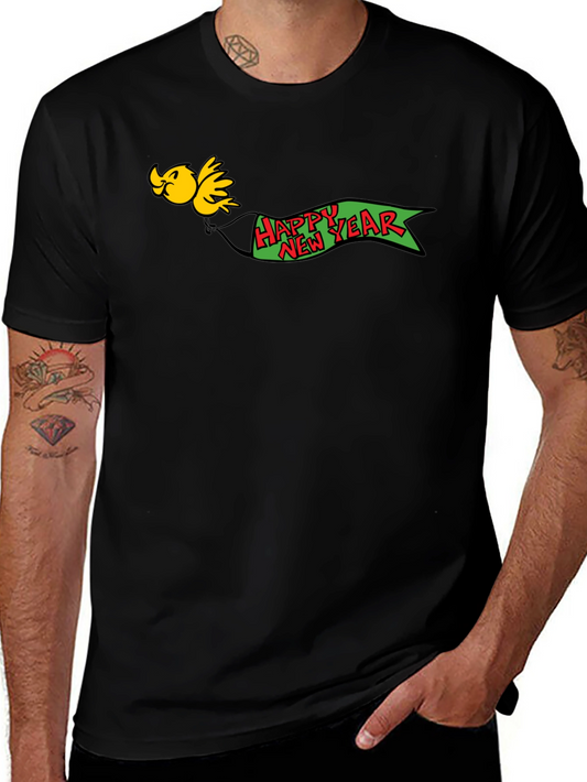 Festive New Year Bird Graphic Black T-Shirt