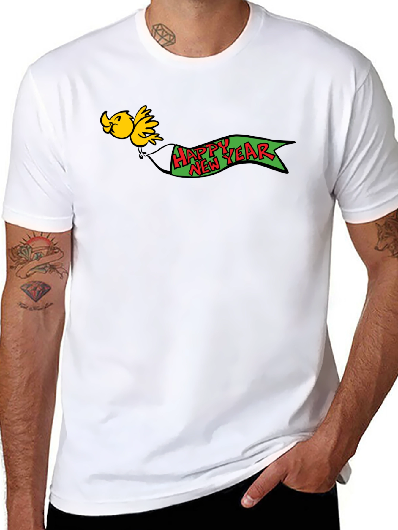 Festive New Year Bird Graphic Black T-Shirt