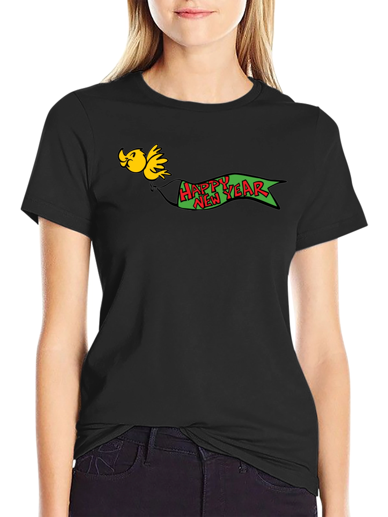 Festive New Year Bird Graphic Black T-Shirt