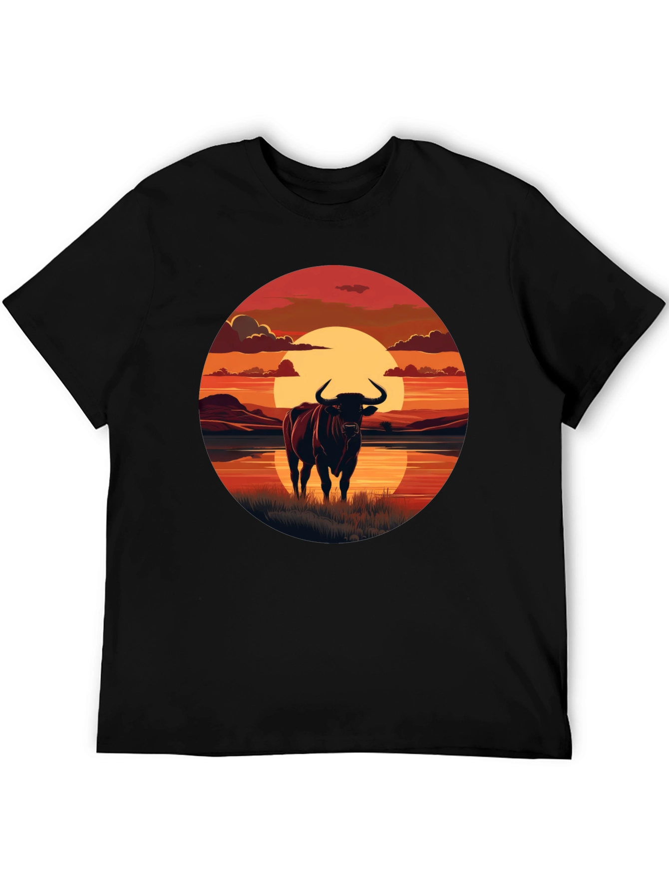 Bull Sunset Graphic Tee - Black Cotton Blend