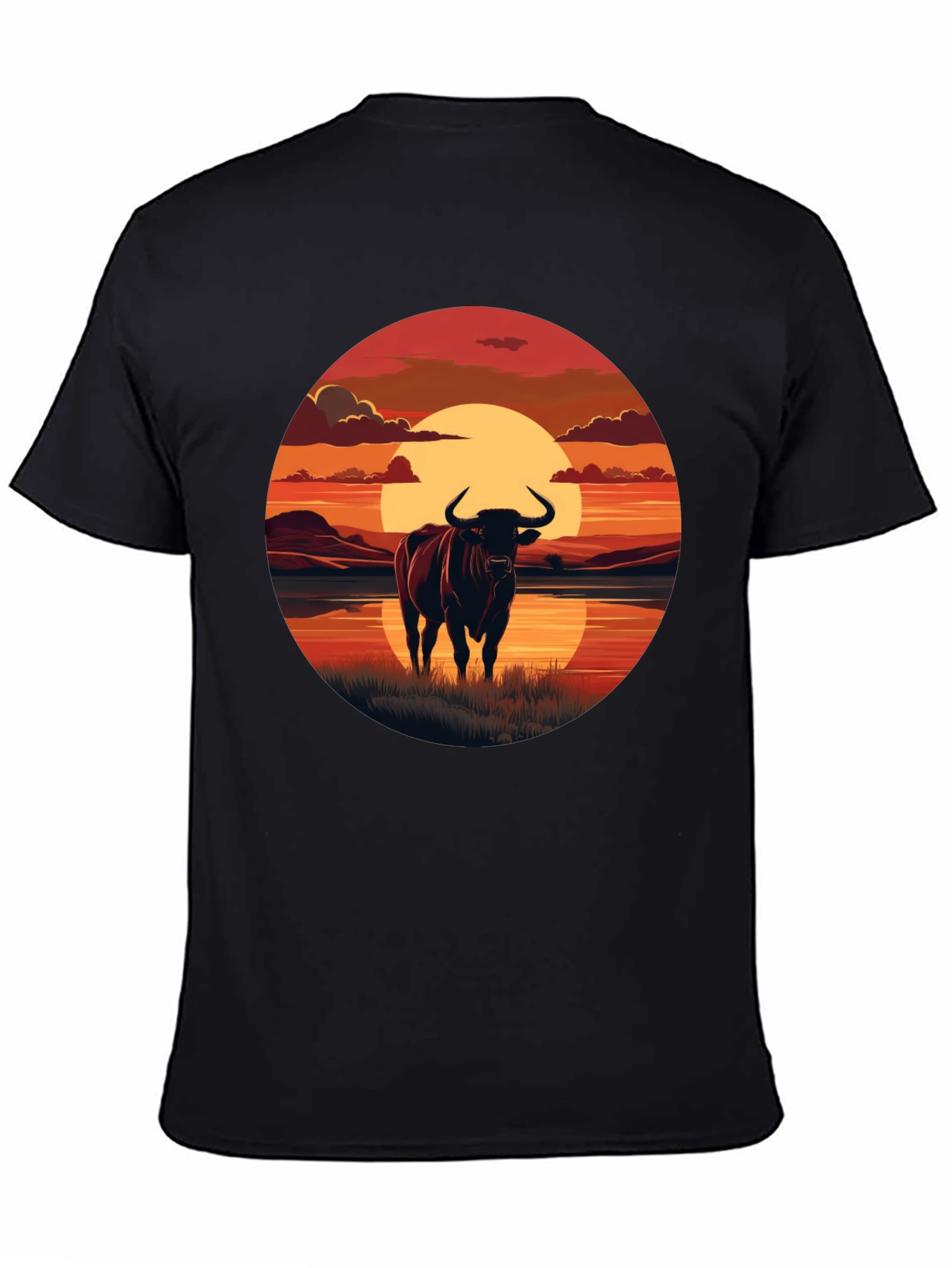 Bull Sunset Graphic Tee - Black Cotton Blend