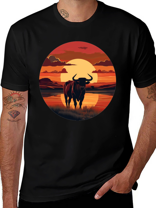 Bull Sunset Graphic Tee - Black Cotton Blend