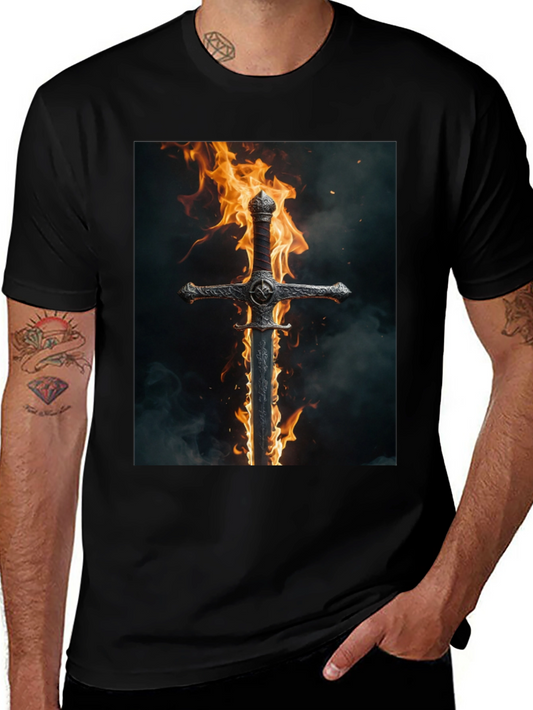 Fiery Sword Graphic Tee - Bold Black Cotton T-Shirt