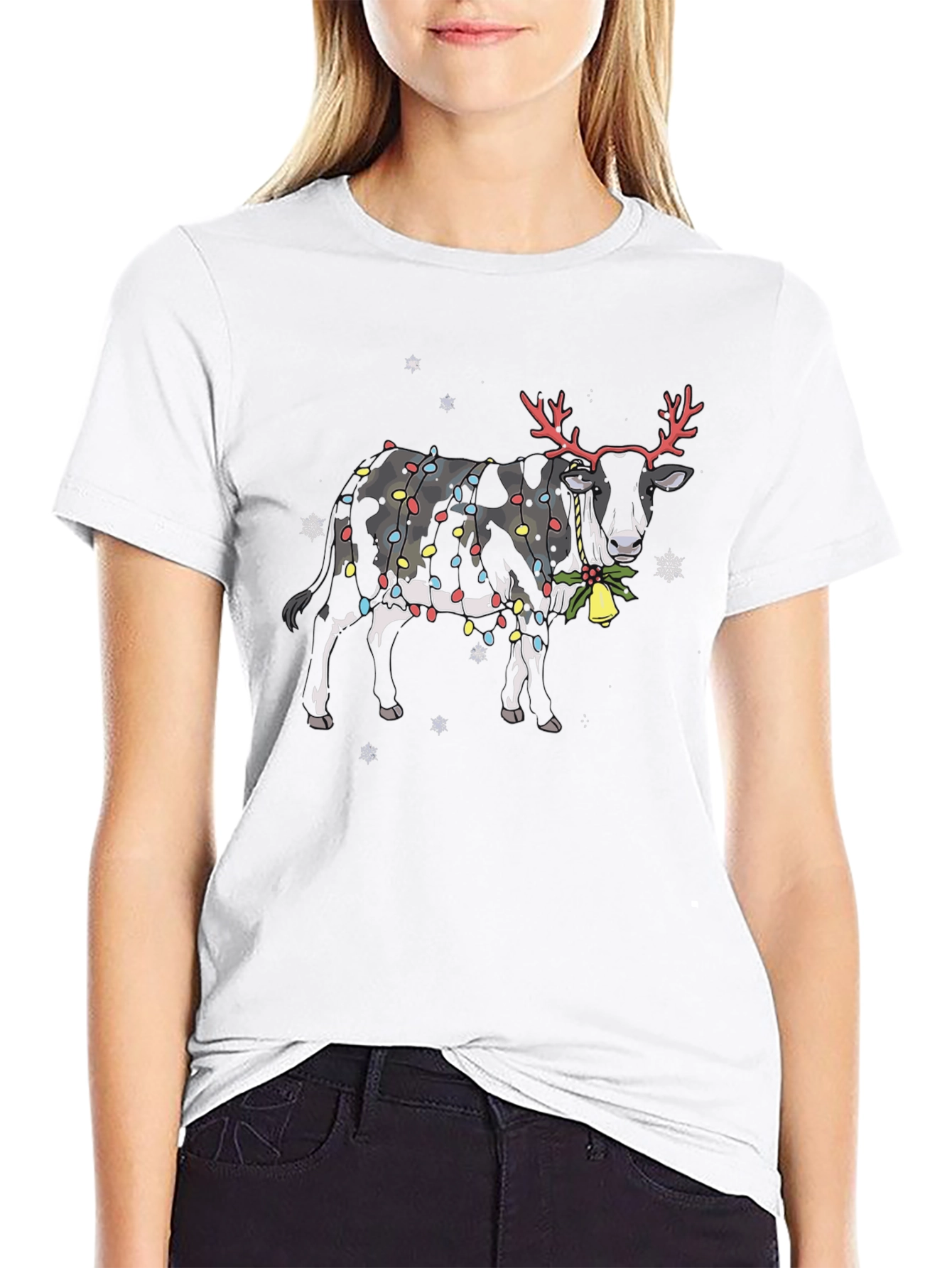 Christmas Cow T-Shirt with Reindeer Antlers