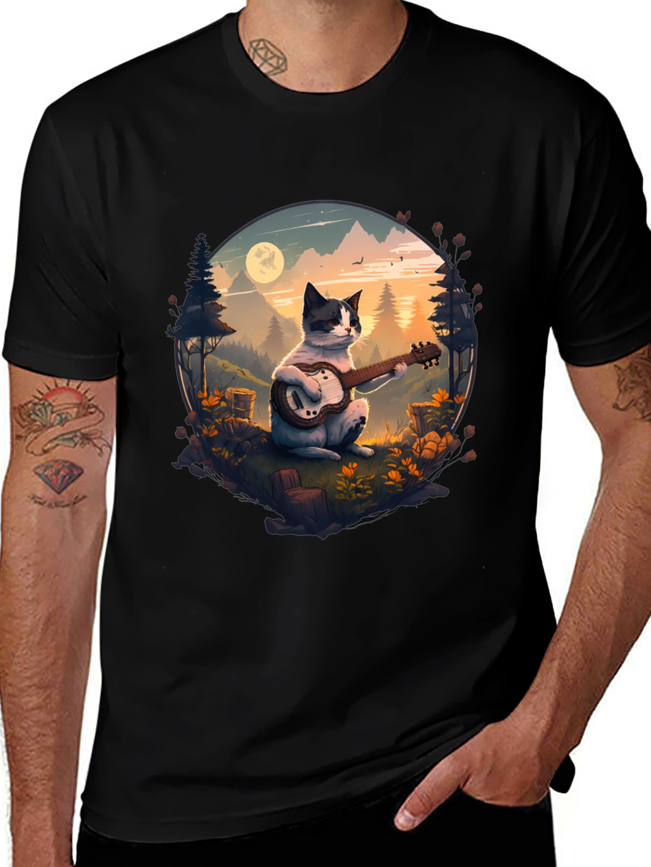 Cat Guitarist Graphic Tee - Mountain Serenade