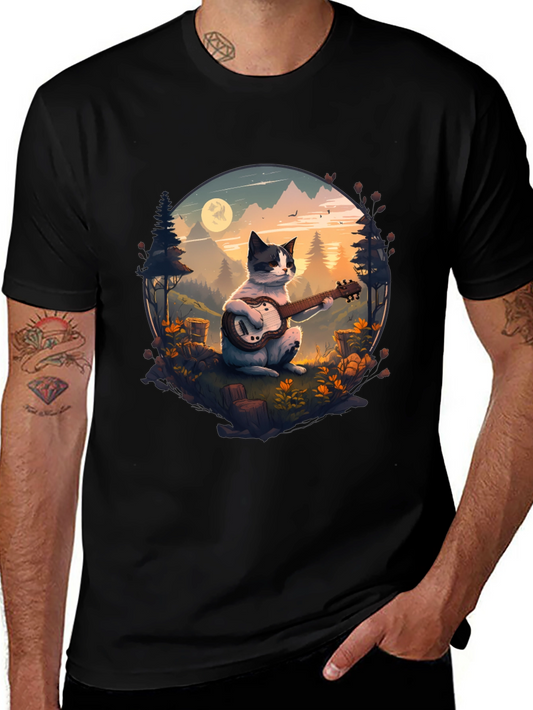 Cat Guitarist Graphic Tee - Mountain Serenade