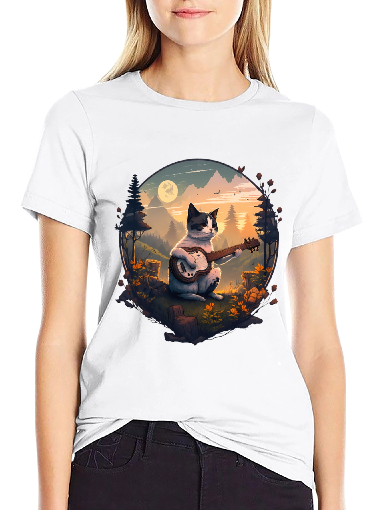 Cat Guitarist Graphic Tee - Mountain Serenade
