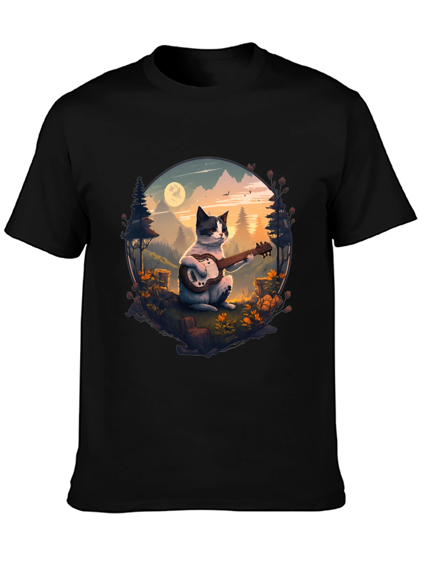 Cat Guitarist Graphic Tee - Mountain Serenade