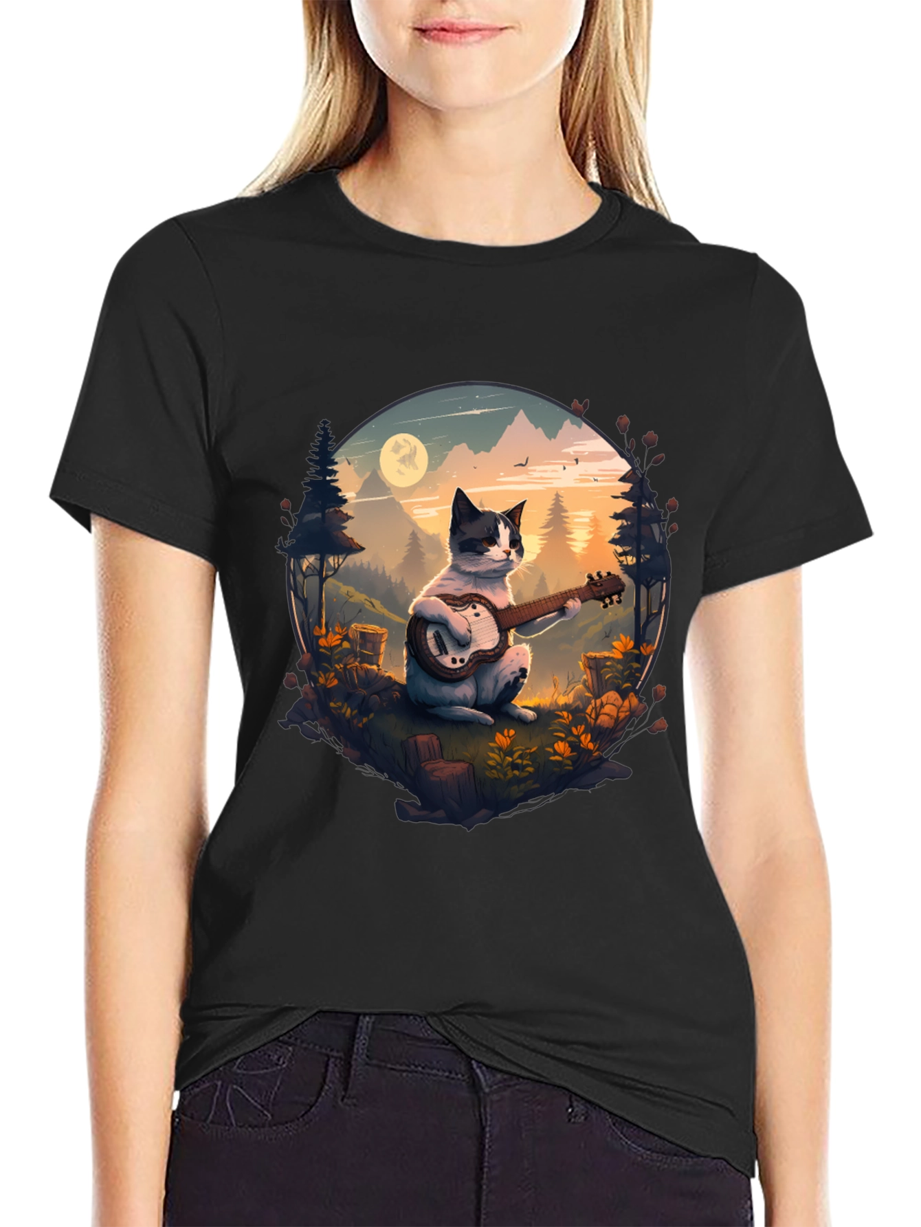 Cat Guitarist Graphic Tee - Mountain Serenade