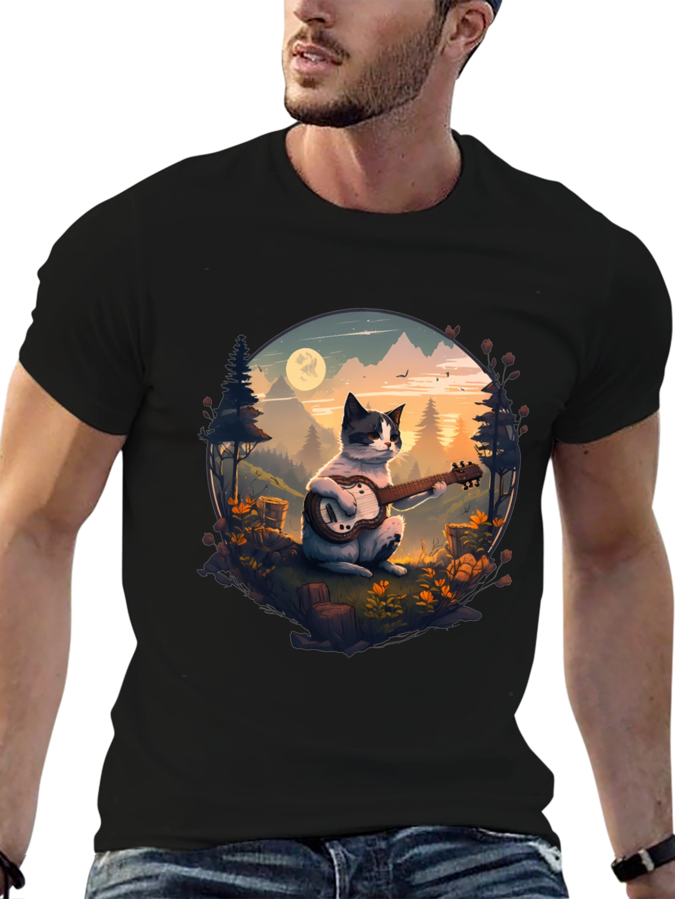 Cat Guitarist Graphic Tee - Mountain Serenade