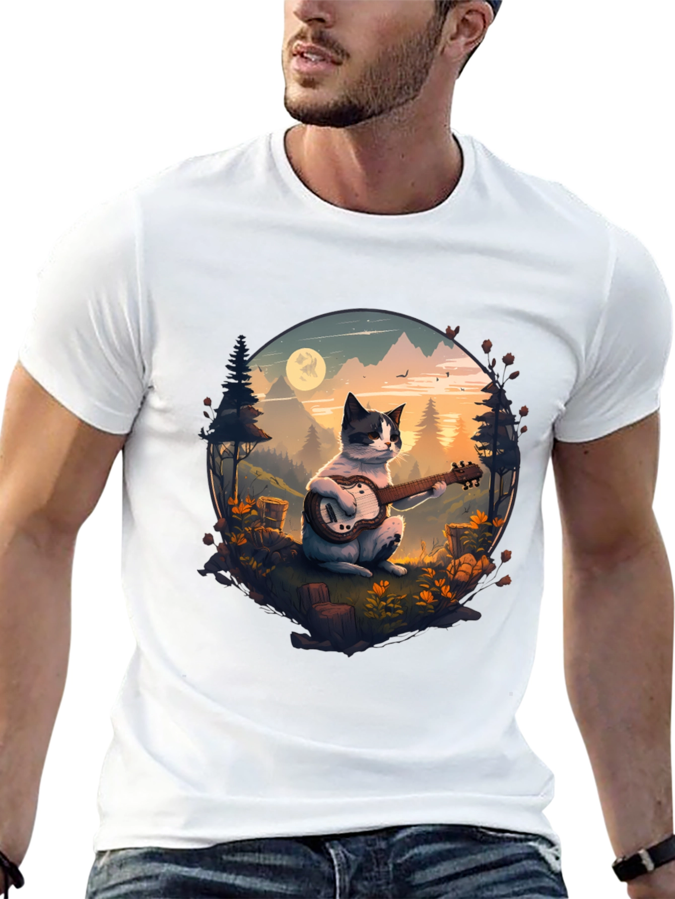 Cat Guitarist Graphic Tee - Mountain Serenade
