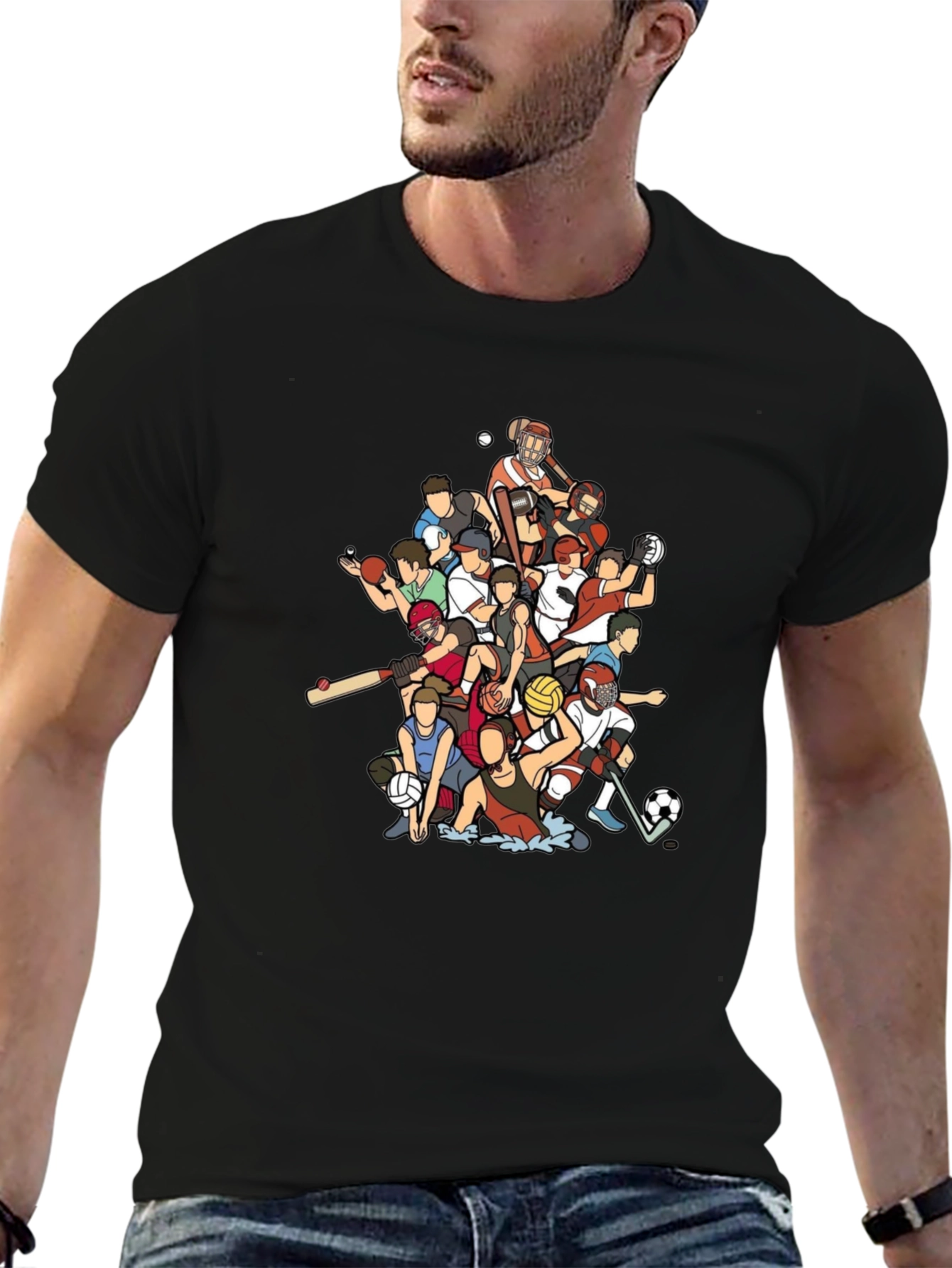 Sports Cartoon Black Graphic T-Shirt