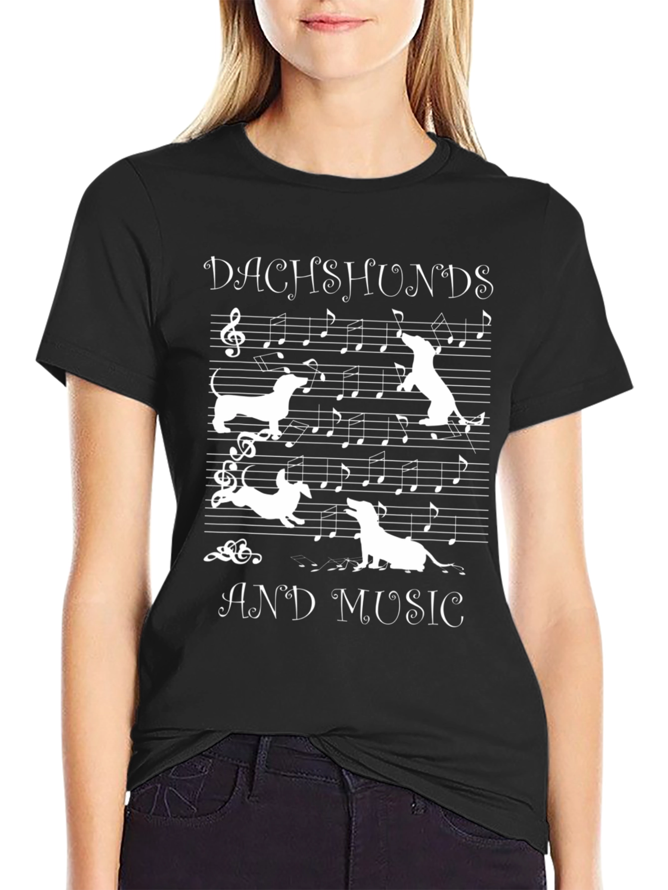 Dachshunds and Music Graphic Tee - Black