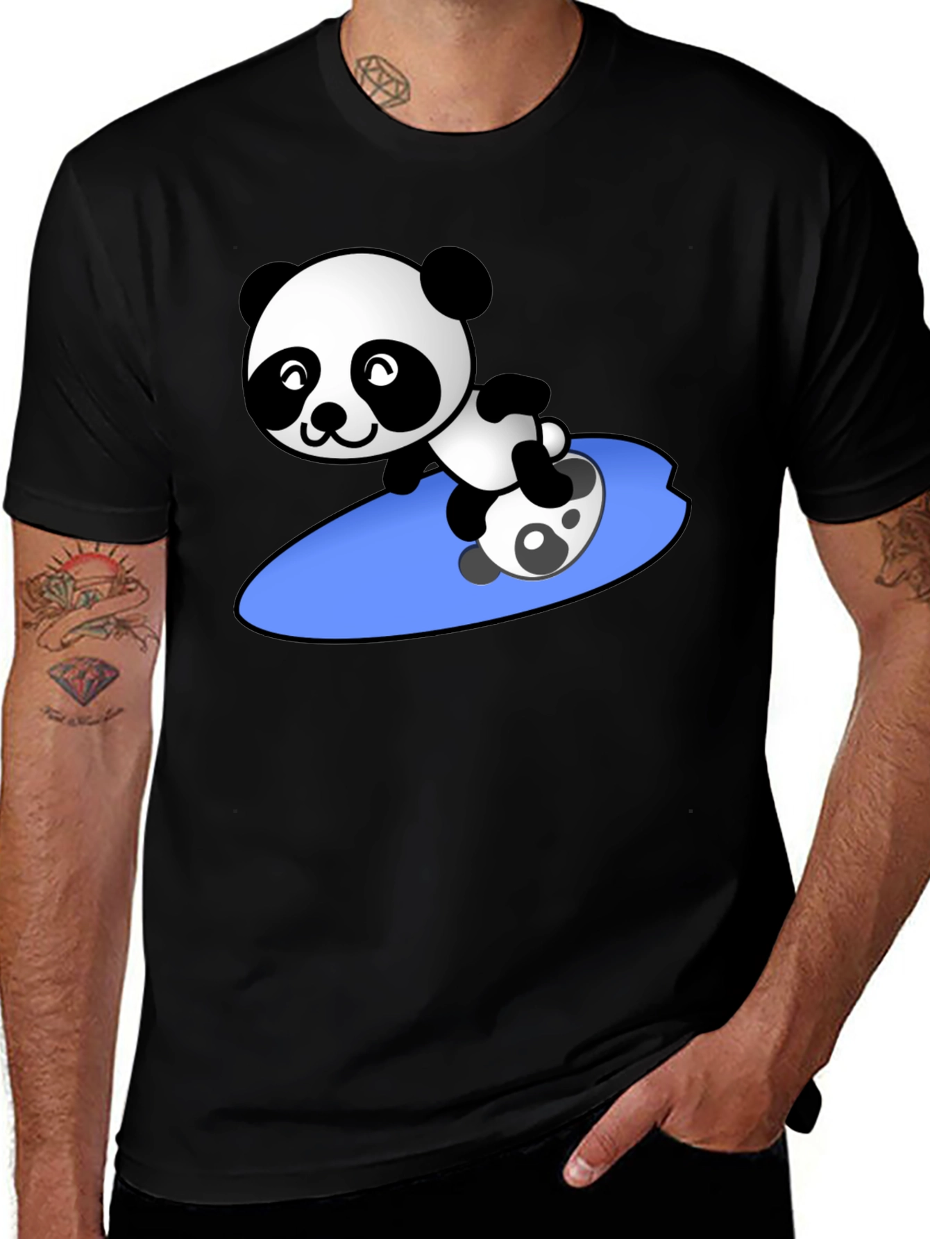 Surfing Panda Graphic Tee - Black Crew Neck