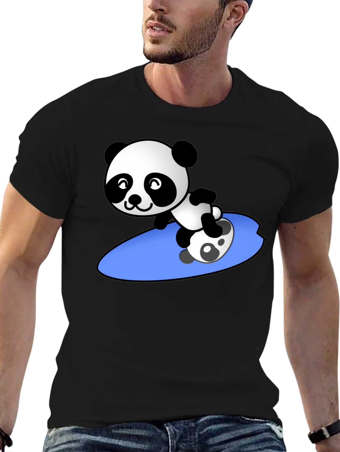 Surfing Panda Graphic Tee - Black Crew Neck