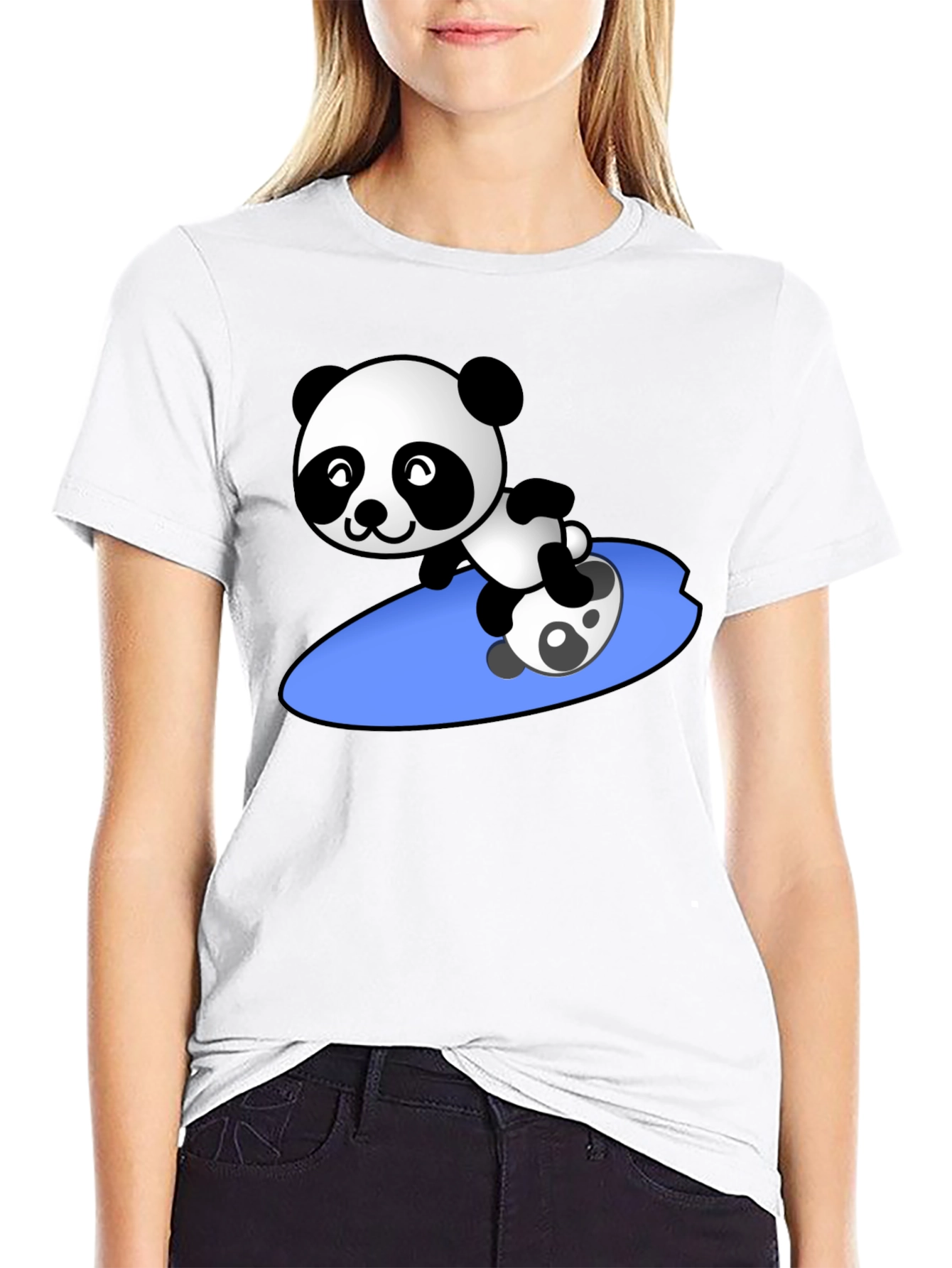 Surfing Panda Graphic Tee - Black Crew Neck
